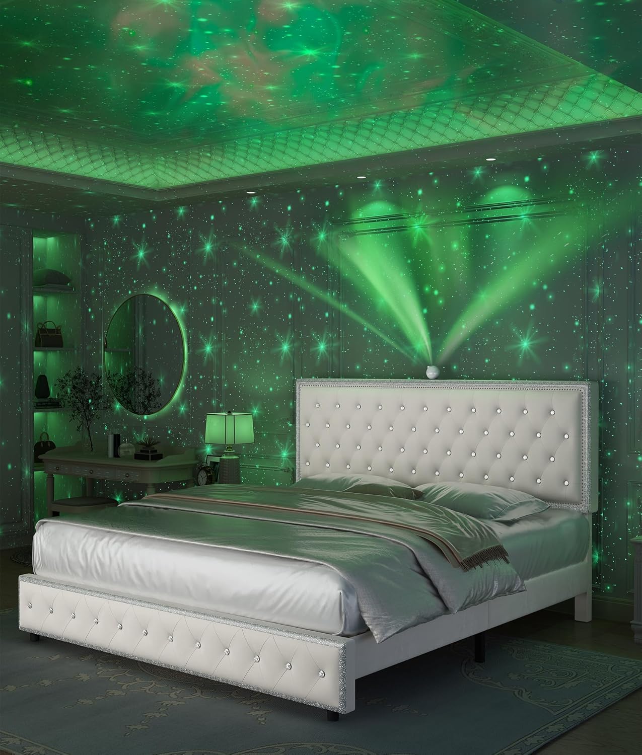 Queen Upholstered Platform Bed Frame with LED Headboard, Built-in Star Projector & Adjustable Headboard, No Box Spring Needed, Easy Assembly, Solid Wood Slats,Modern Bedroom Furniture, Velvet Cream