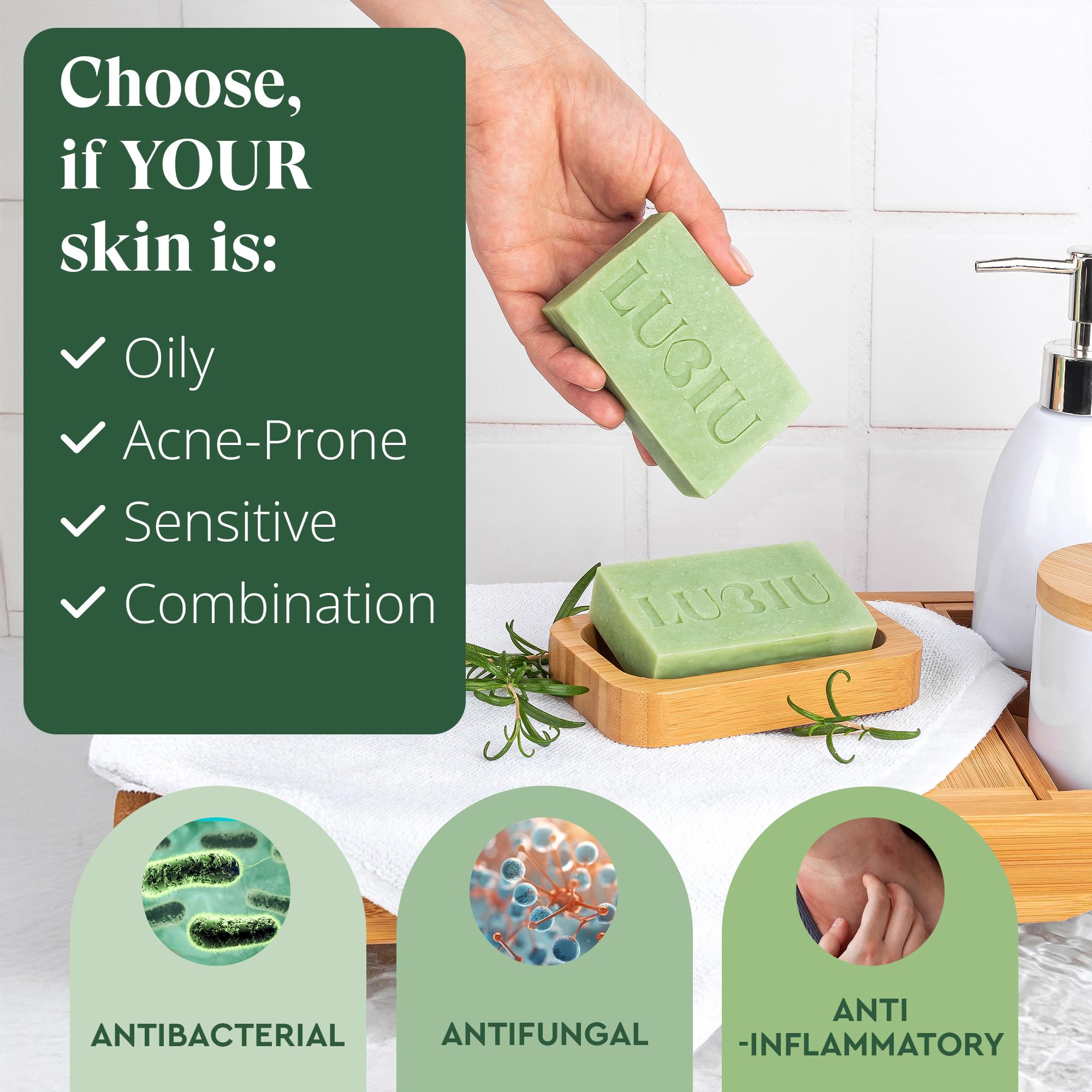 lubiu Natural Tea Tree Soap Bar 100g for Acne Treatment - Face Cleanser and Body Acne - Scented Soap, Green, 100 g (Pack of 1) - Image 4