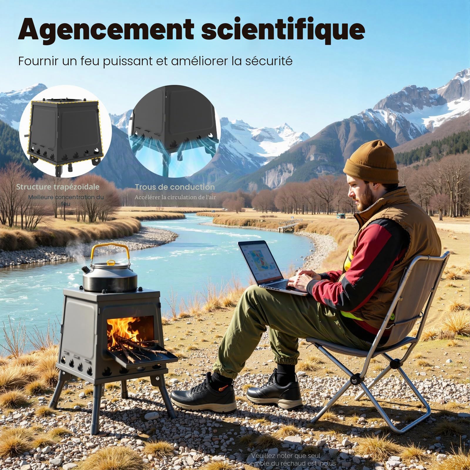 Réchaud de camping à bois, poêle de chaleur portable pour le plein air, poêle de tente avec sac de transport pour pique-nique, camping, barbecue, voyage en camping-car