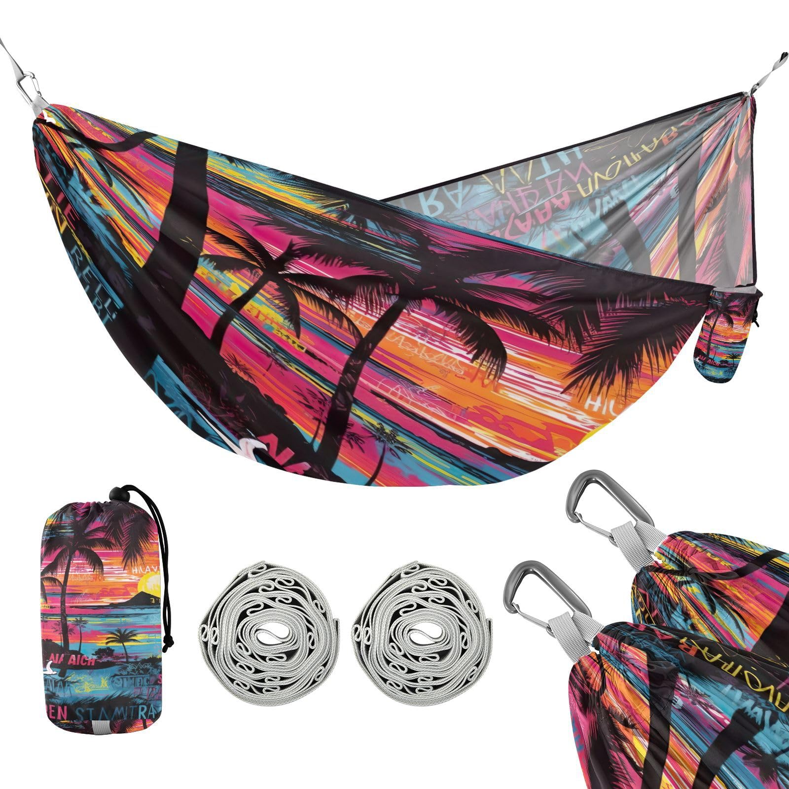 ATTX Tropical Palm Trees Camping Hammock - Lightweight & Portable Hammocks, Heavy Duty 330lbs Capacity for Indoor, Hiking, Backpacking, Travel, Backyard, Beach#494