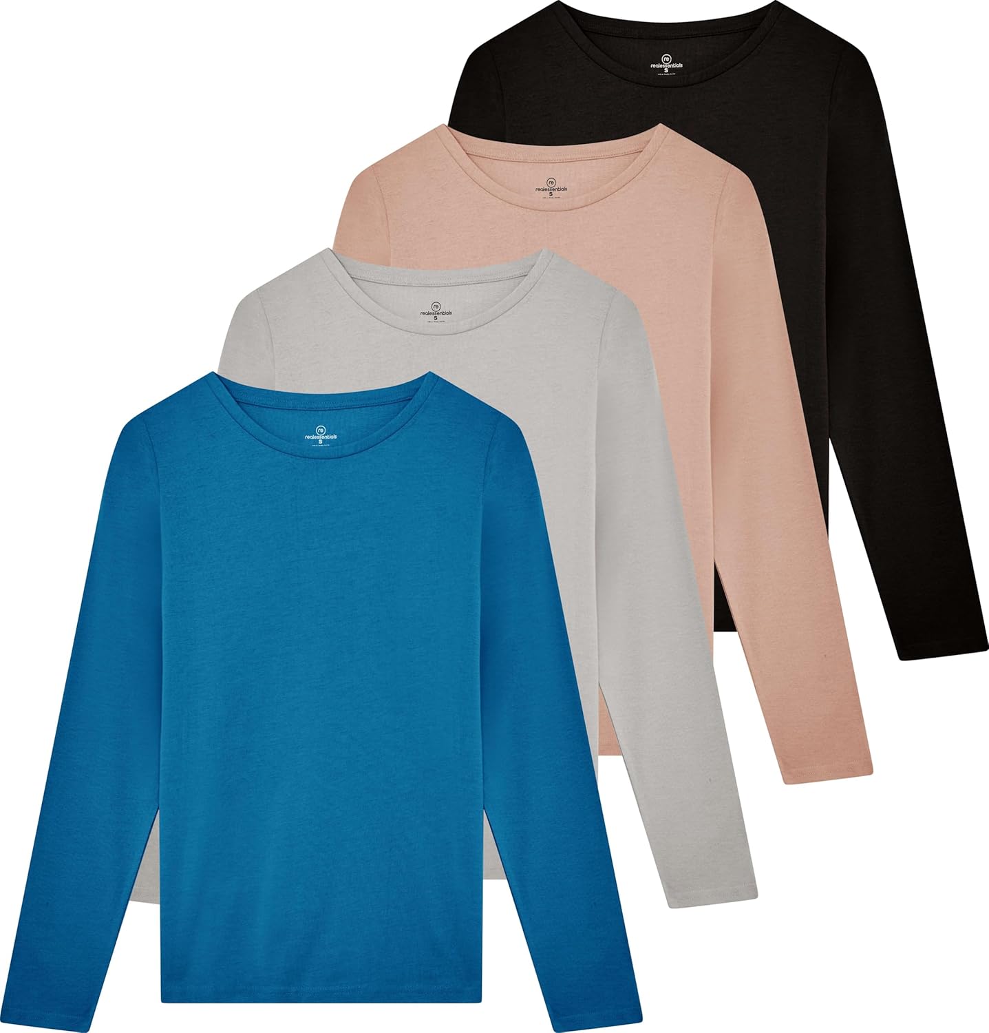 Real Essentials 4 Pack: Women's Cotton Classic-Fit Long-Sleeve Crewneck T-Shirt (Available in Plus Size)