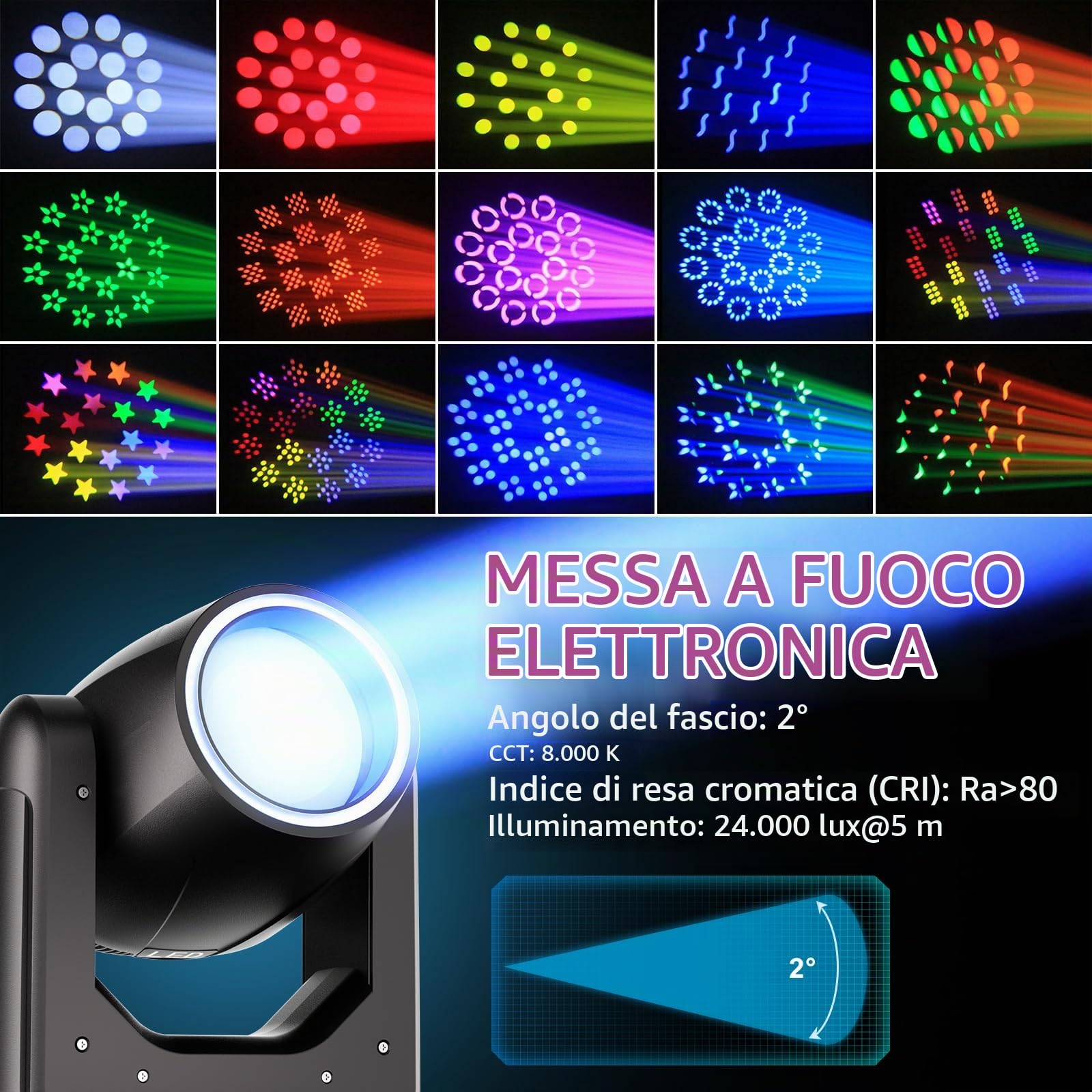 2 pezzi Teste Mobili LED 200W Beam Luce da Palcoscenico 7+1 Colori 12 Gobos illuminazione di scena con Striscia luminosa 18 Prisma Focus Elettronico Luce di Scena per Natale Club DJ Discoteca Fest