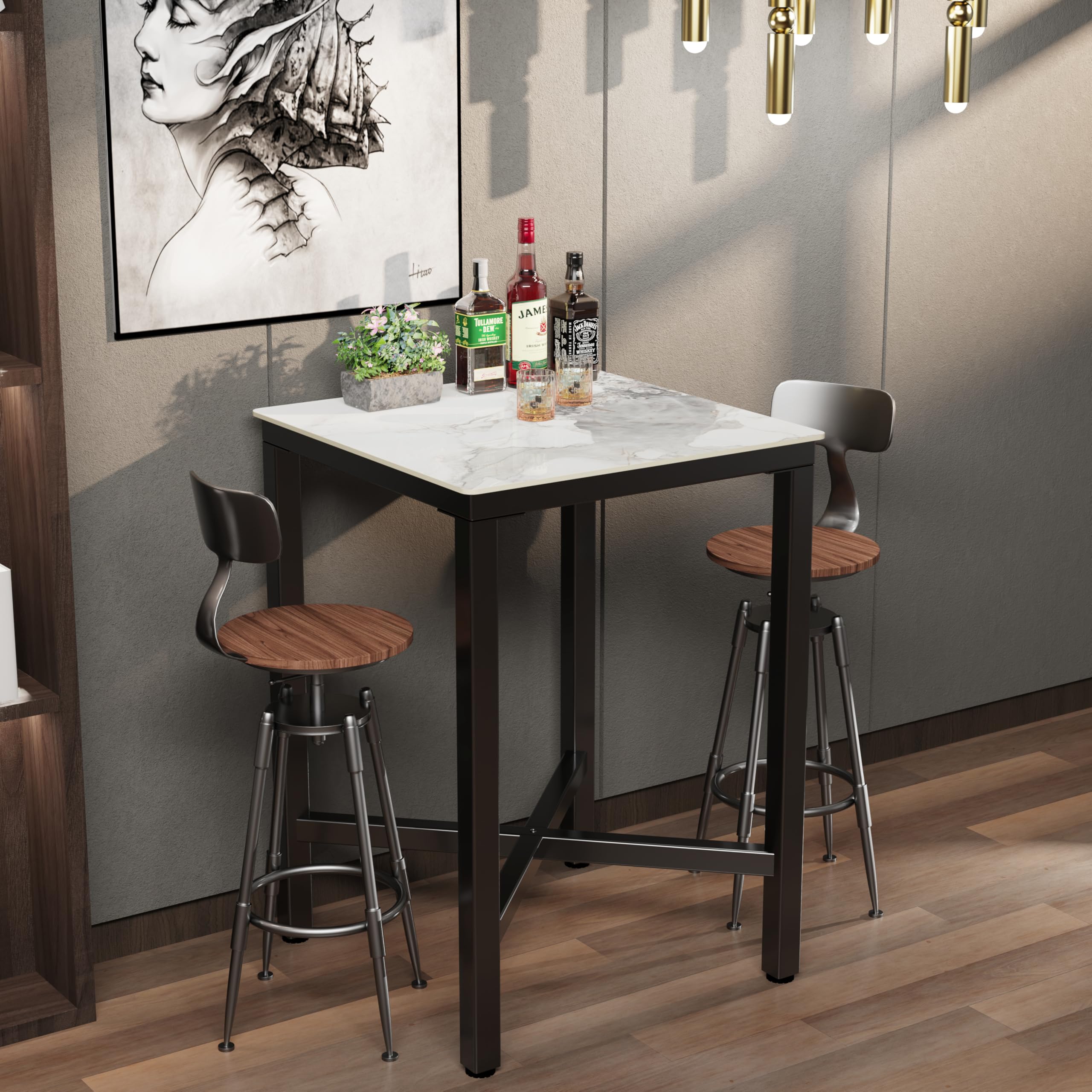 Wisfor Sintered Stone Bar Table: White Counter Height Dining Table with Black Metal Frame - High Top Pub Tables for Narrow Spaces (Square-Jade Color)