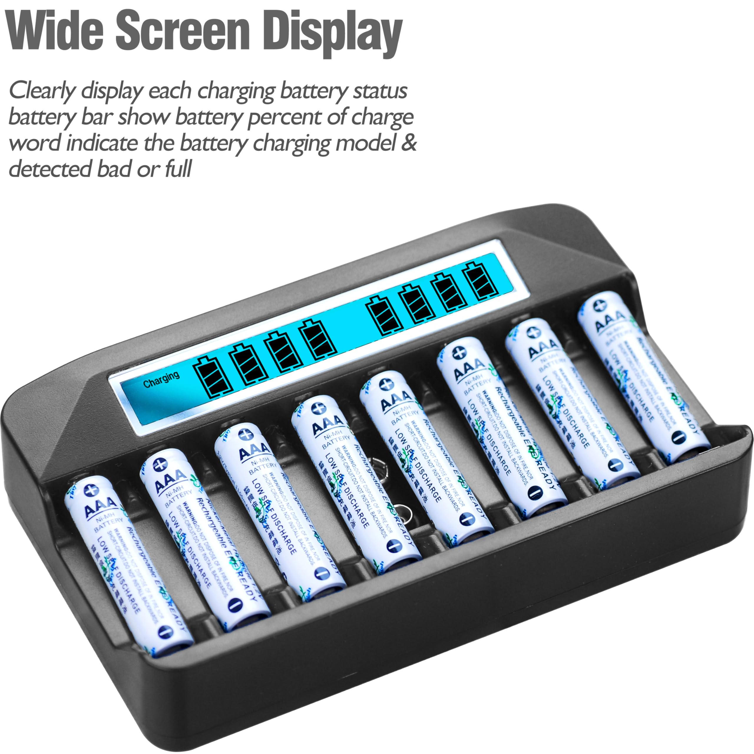 Chargeur de batterie AA AAA 9 V NiMH, 9 emplacements, chargeur rapide indépendant de 500 mA, charge par impulsion de 500 mA, écran LCD large, entrée USB-C 5 V (1 chargeur + 4 AA + 4 AAA + 1 x 9 V)