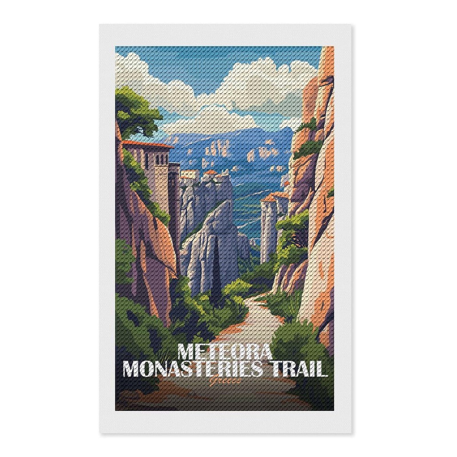 Junmoney Meteora Monasteries Trail Greece Art DIY Diamond Art Canvas Kit 12"x20", Winter Craft, Mindful Craft Project, Aesthetic Room Decor, Decor Project