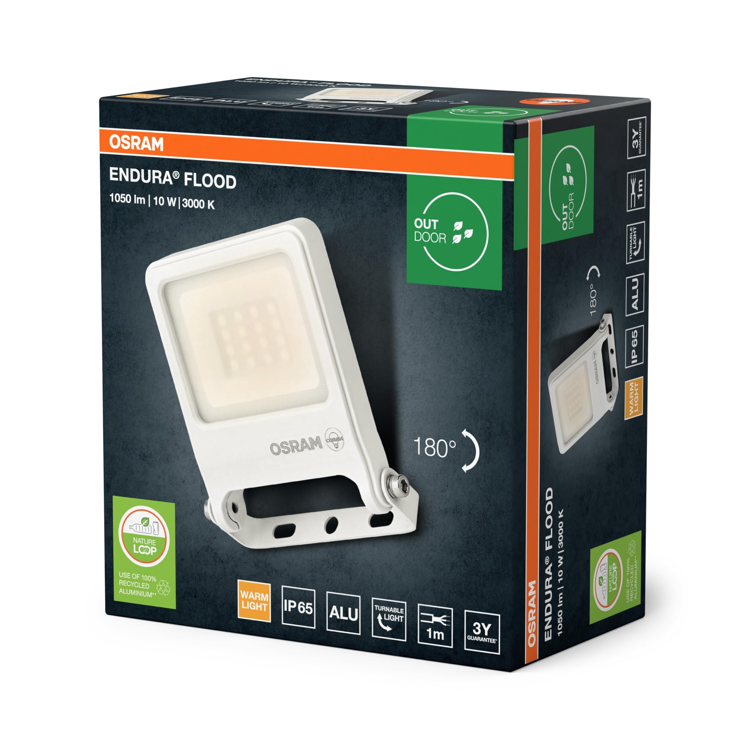 OSRAM Proyector LED ENDURA FLOOD PC de 10 W, blanco cálido de 3000 K, 1000 lúmenes, IP65, material reciclado, soporte de montaje de 180°, blanco