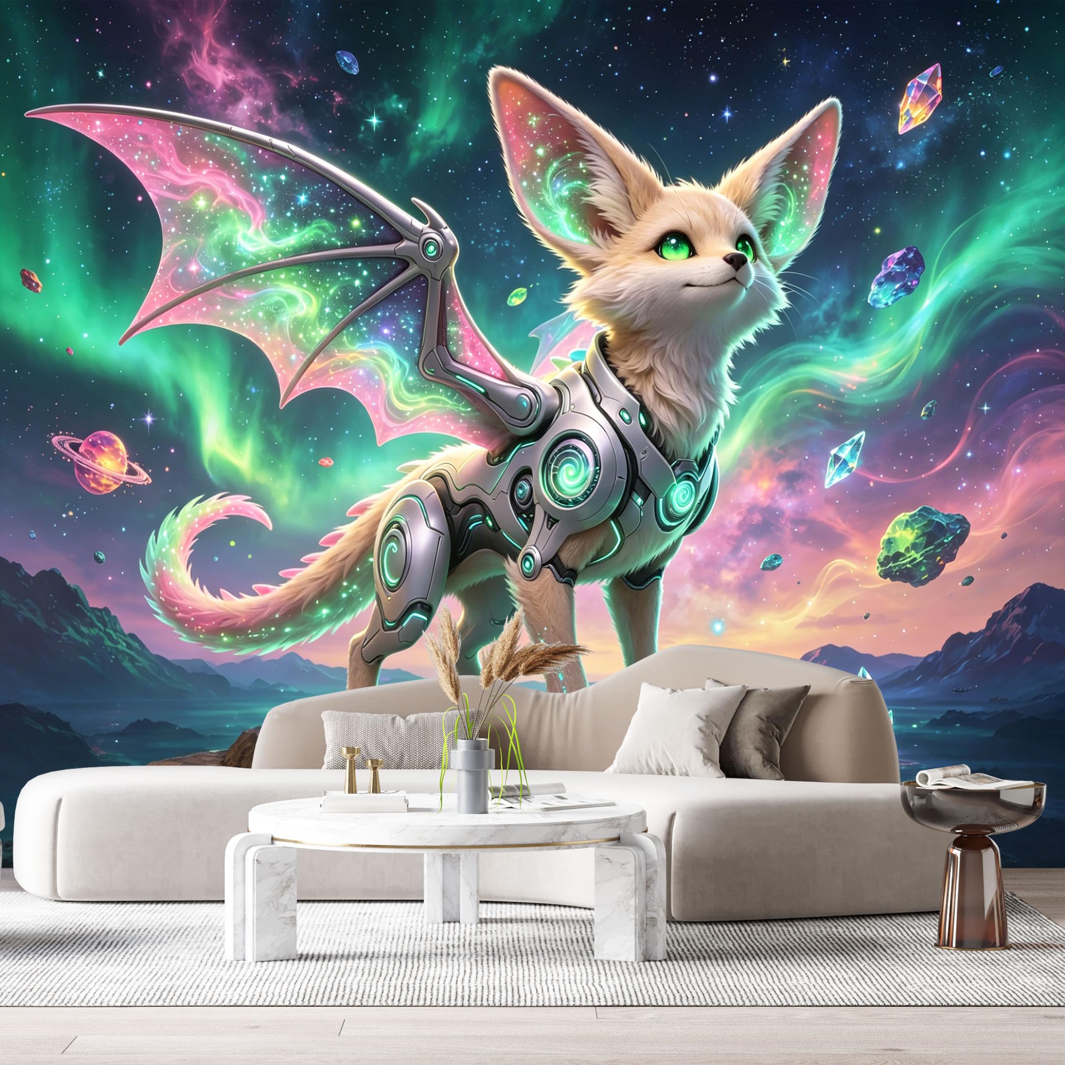Custom Size Wall Mural Cosmic Mech Dragon Fox Neon Fantasy Sky Futuristic Creature SciFi Armor SelfAdhesive Art Prints Removable Large Wallpaper Esports Room Game Room Tenant Room Studio