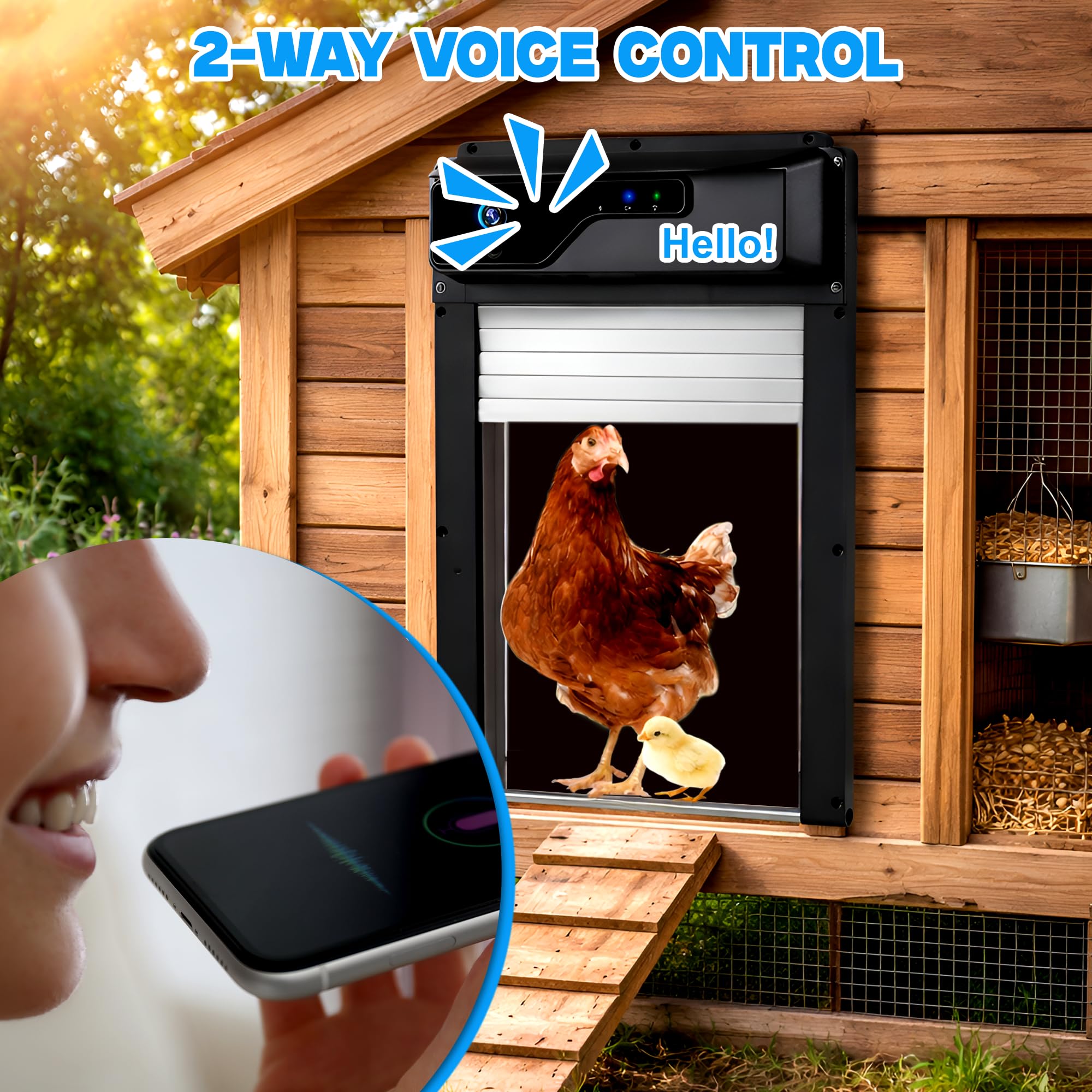 Automatic Solar Chicken Coop Door with Camera 1080P HD, Remote Night Vision Motion Detector Safety Mechanism - 8W Chicken Coop Door Battery Powered 5000 mAh - Predator Protected Automatic Gate Opener
