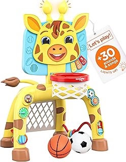 Move2Play, Giraffe Basketball Hoop & Soccer Goal Activity Center | 30+ Sounds & Songs + 5 Lights | 1 2 3 Year Old Birthday Gift for Boys and Girls | Toy for Baby & Toddlers (Yellow)