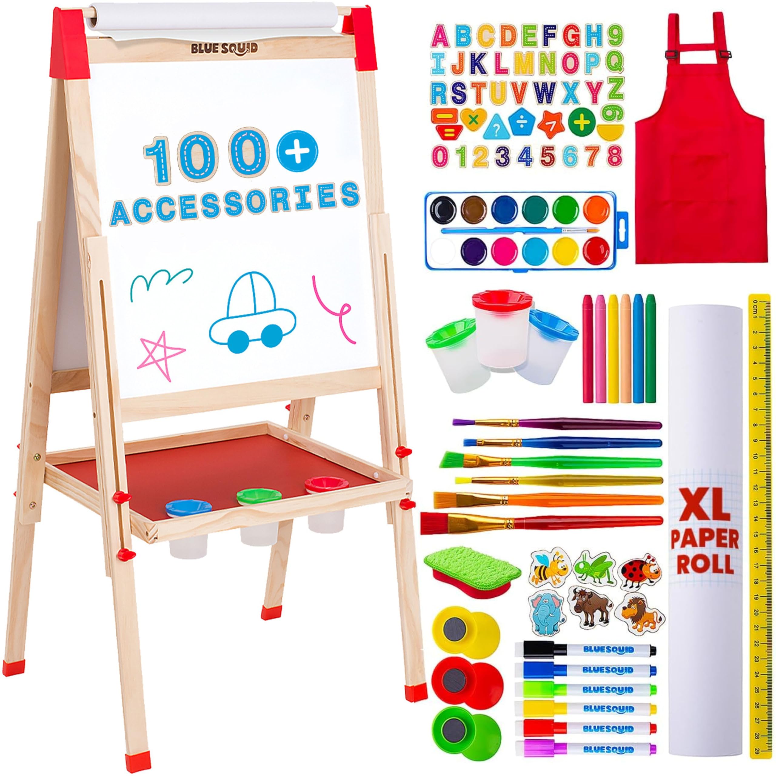 Caballete de arte para niños, incluye más de 100 accesorios, caballete de madera ajustable de doble cara con tablero de tiza magnético, pizarra blanca y rollo de papel para niños de 3, 4,