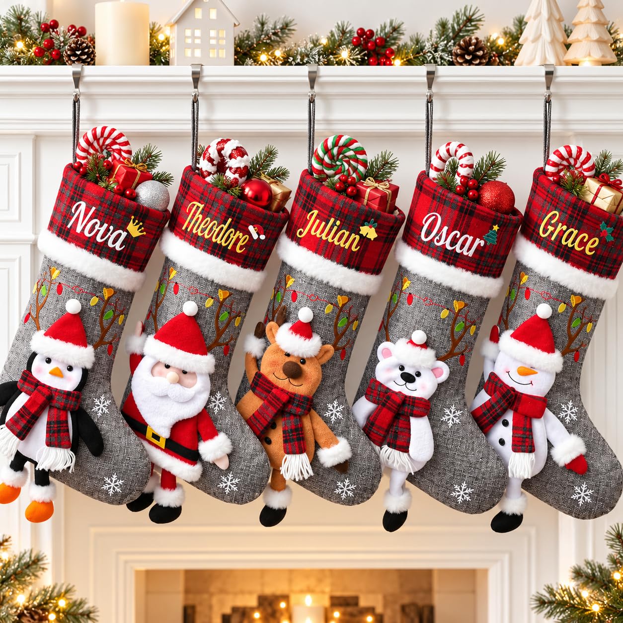 Infiher Personalised Christmas Stockings with Embroidered Name,Custom 3D Xmas Character Stocking 5 Pack 18” Large,Santa,Snowman,Reindeer & PenguinFireplace Hanging Burlap Plaid Grey Stockings — image 1