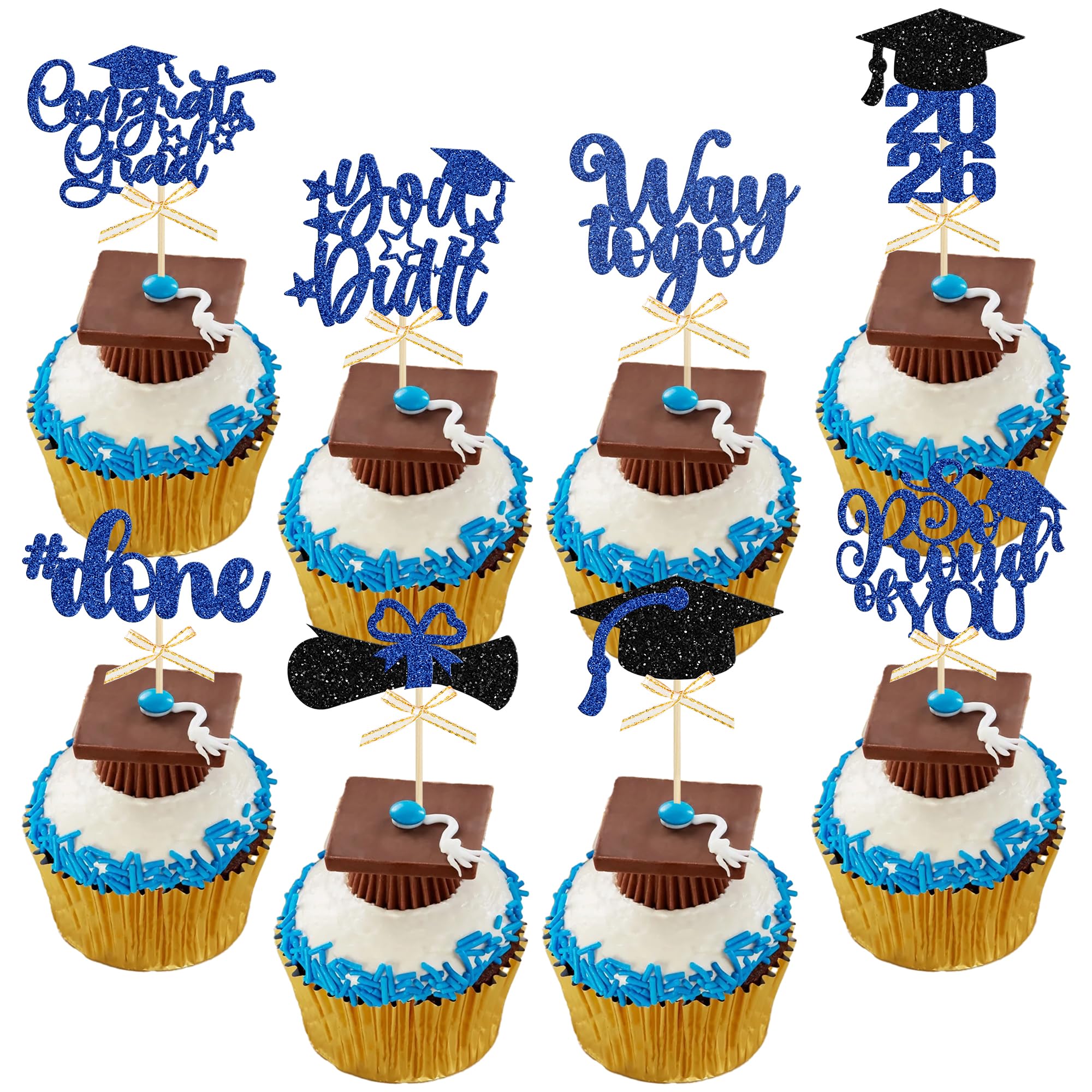 Gyufise 32Pcs Graduation Cupcake Toppers 2026 Glitter 2026 Graduation Cupcake Toppers Grad Cap Cake Toppers Picks Graduation Party Decorations 2026 Graduation Party Supplies Blue