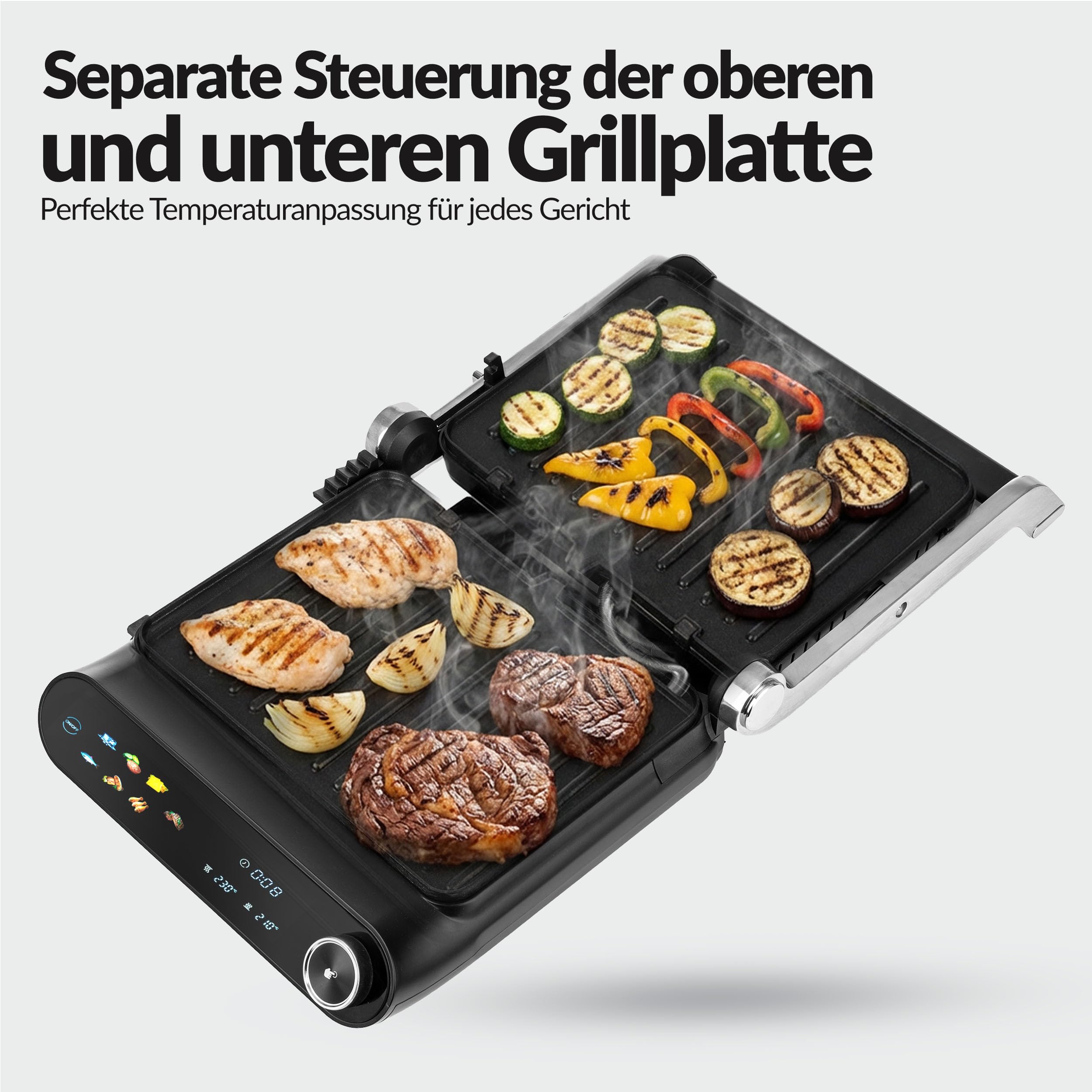 LEHMANN Kontaktgrill, 2200 W, Tischgrill 180° aufklappbar - Grillfläche bis 1320 cm², Abnehmbare Antihaftplatten, Touchscreen, 10 Automatikprogramme & Temperaturregelung 90-230°C/Timer 1-240 min