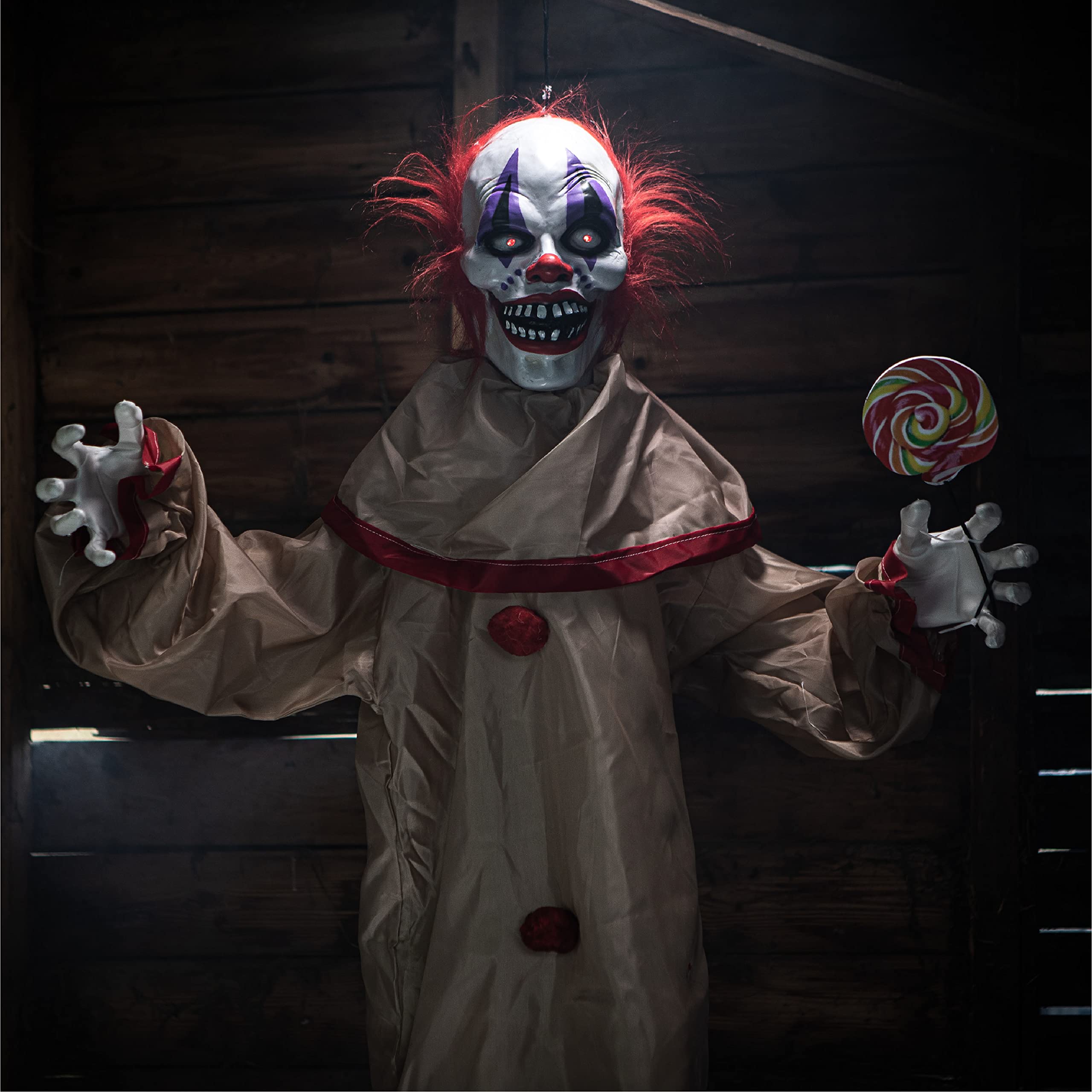 I LOVE FANCY DRESS LTD Animatronic duży przerażający klaun 160 cm dekoracja na Halloween - czerwone świecące oczy i efekty dźwiękowe, ruchome ramiona - rekwizyty na Halloween - 2 sztuki