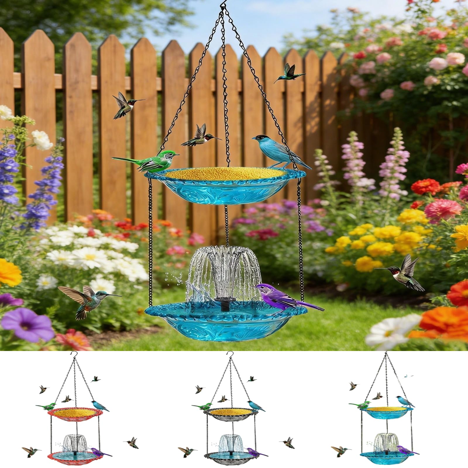 Hanging Bird Bath Fountains Solar Powered Hanging Bird Bath Bowl Solar Powered Water Fountain Combo Set Hanging Bird Feeder Tray for Outdoor Garden Backyard Patio Lawn (Sky Blue)