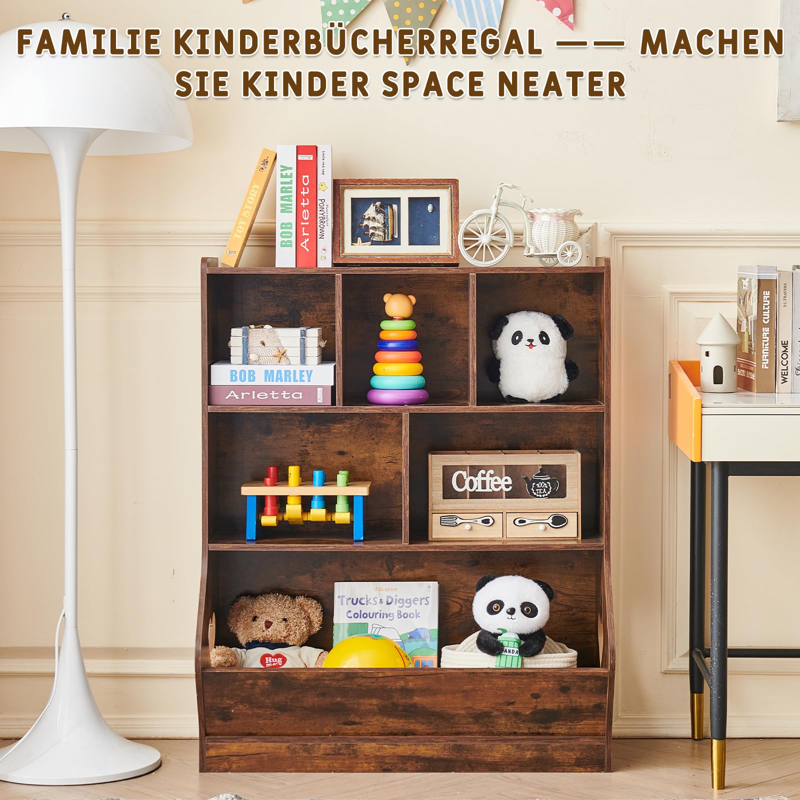 LELELINKY Bücherregal Kinder, Kinder Bücherregal mit 6 Ablagefächer, Großes Kinderregal, Spielzeugregal & Spielzeug-Organizer für Kinderzimmer & Wohnzimmer, Braun, 80 x 24 x 100 cm