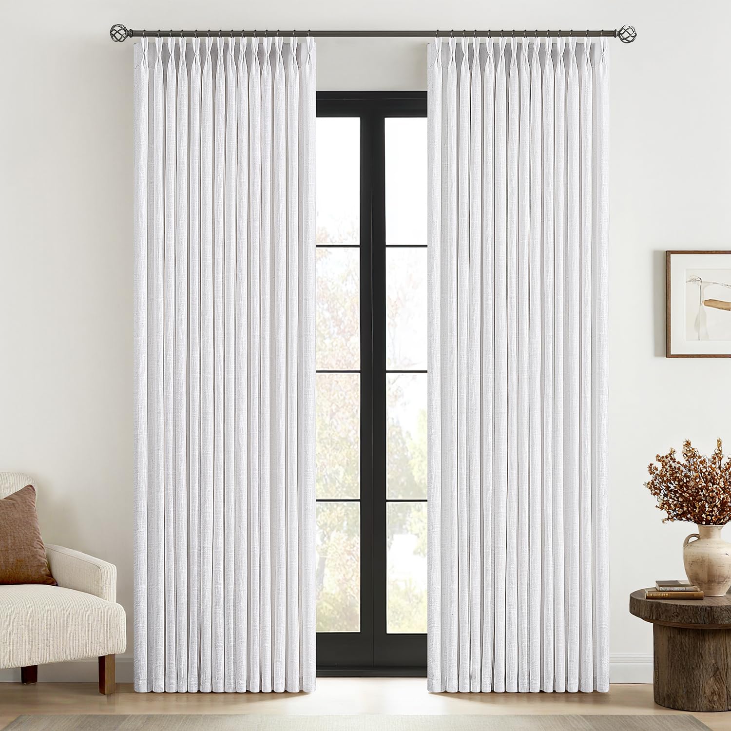 MIULEE Pinch Pleated White Linen Curtains 84 Inches Long 2 Panels, Thick Texture Linen Drapes for Living Room Bedroom, Pinch Pleat Back Tab Light Filtering Farmhouse Window Curtains with Hooks&Rings