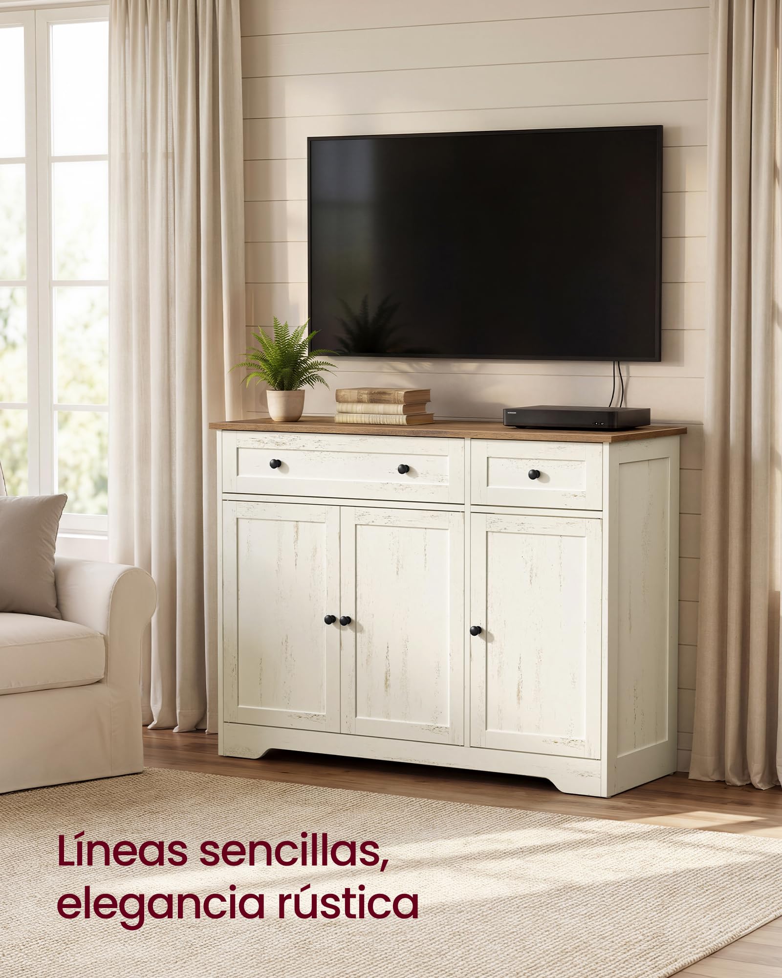 VASAGLE Siren Colección - Aparador, Armario Almacenaje, con 2 Cajones y Estantes Ajustables, 3 Puertas, Rincón de Café, 40 x 106,8 x 80 cm, Blanco Rústico LSC531WJ01