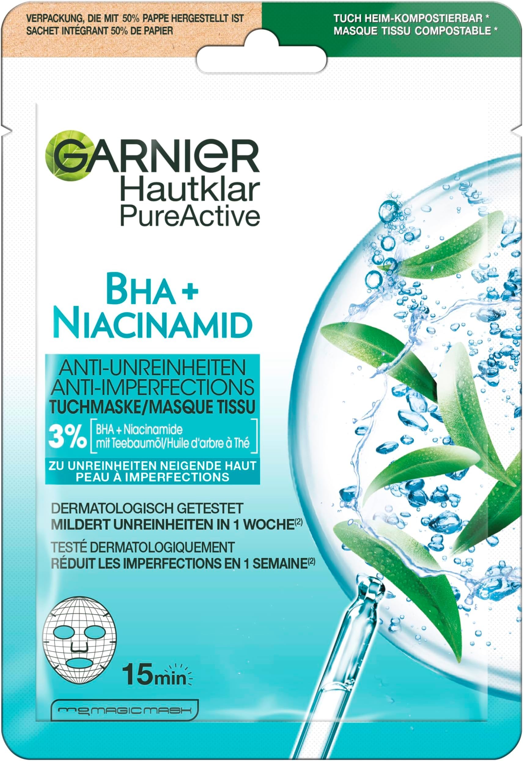 Garnier Maschera per panno, maschera per pelle grassa, anti-impurità, formula con olio di tea tree e acido salicilico, trasparente, 23 g (Confezione da 5)