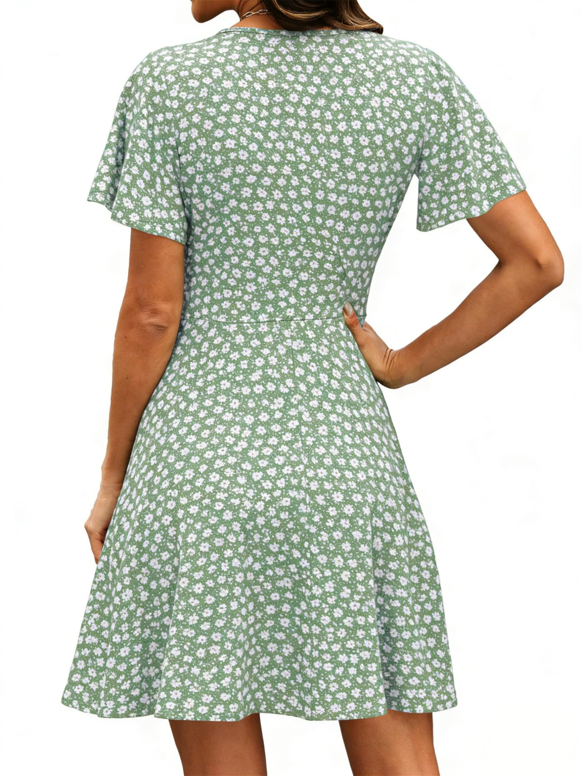 Oyamiki Abiti estivi da donna con scollo a V prendisole casual floreale da spiaggia avvolgente abito a maniche corte con tasche | Sopra il ginocchio, manica corta con volant, Midi, linea A, stile casual alla moda