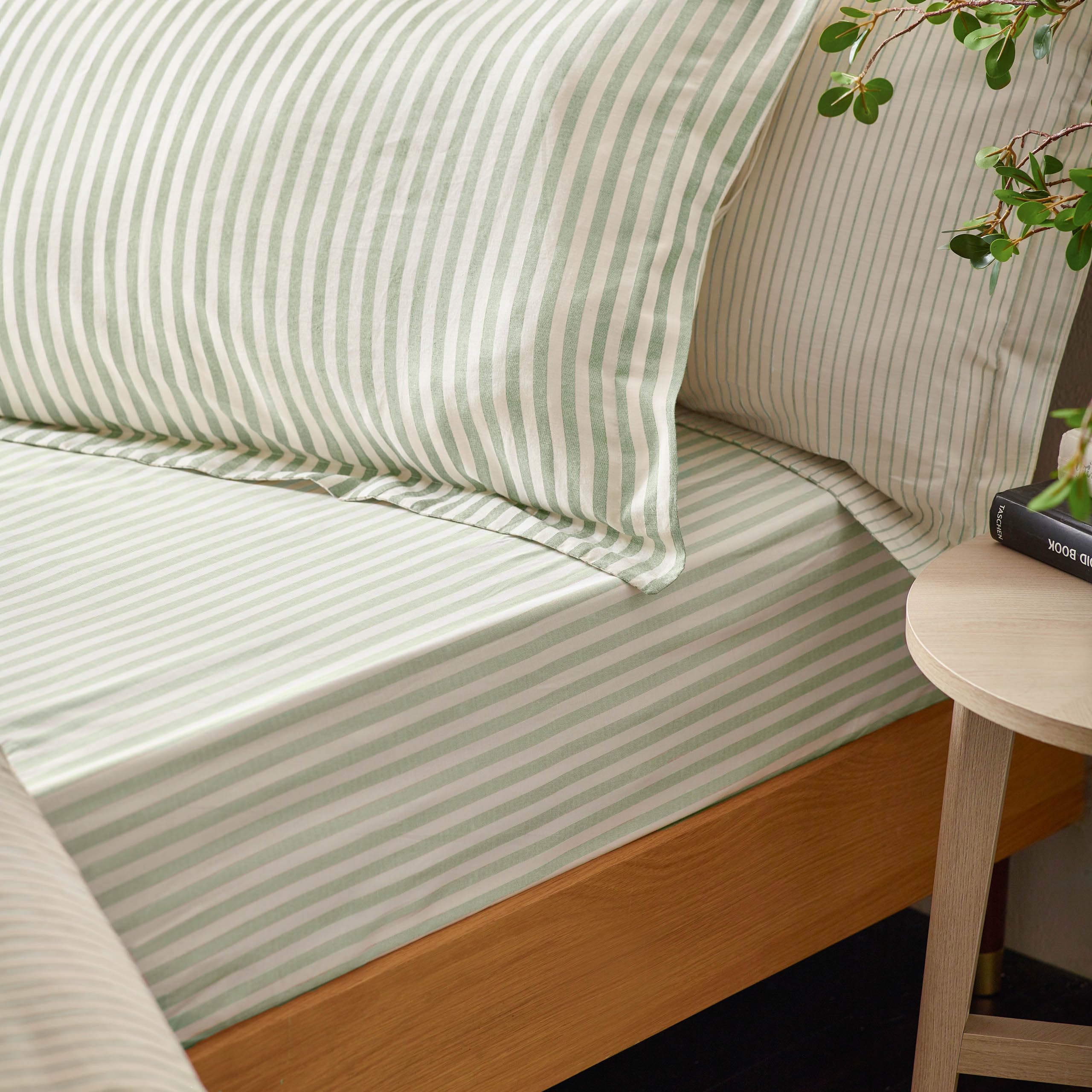 Yard Hebden Striped 100% Cotton Fitted SheetEucalyptusDouble from B&Q