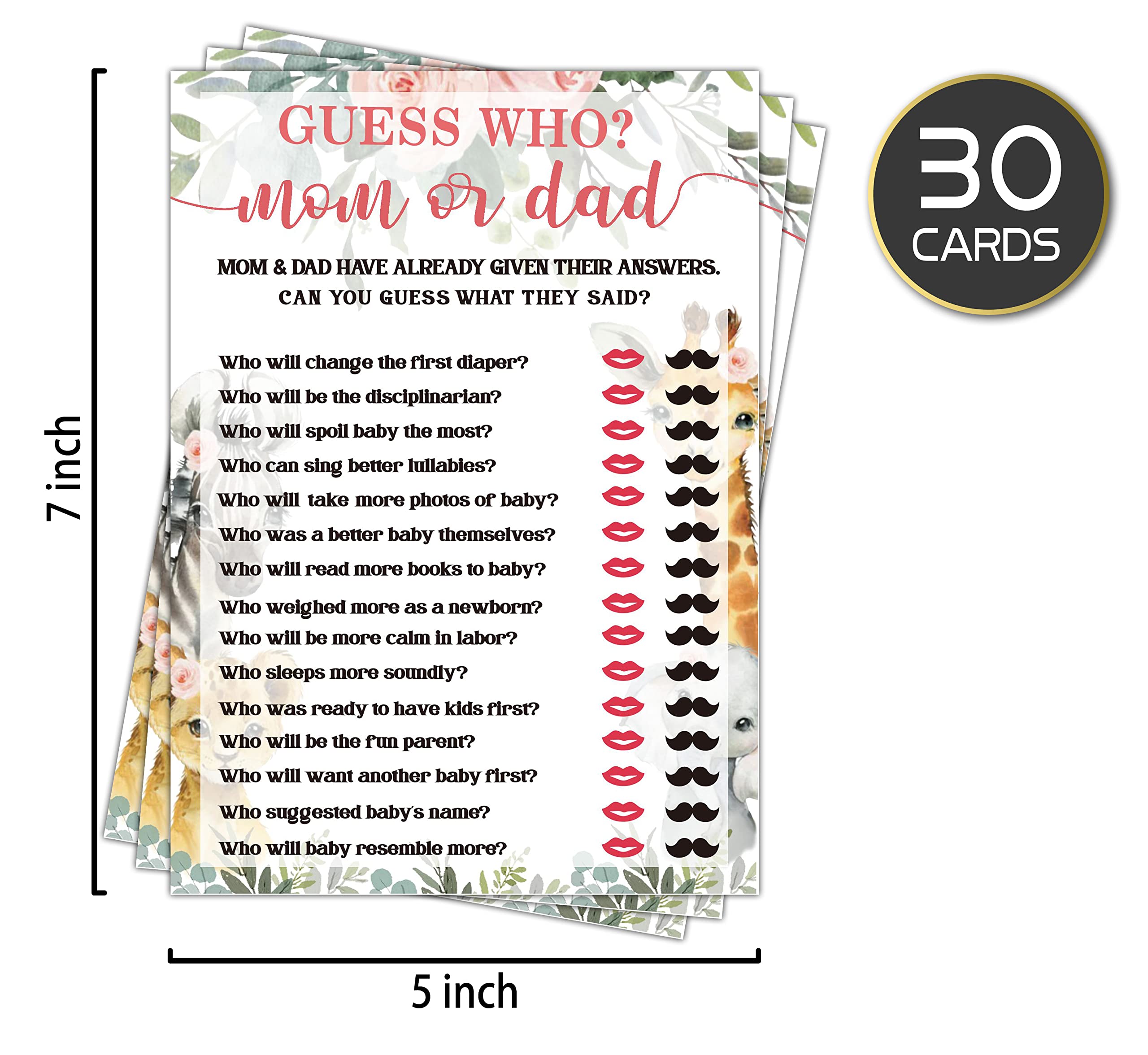 Yuansail Guess Who? Mom Or Dad Baby Shower Game, Gender Reveal Party Supplies, Jungle Animals Safari Floral Green Party Decorations,– 30 Game Cards (bb002-yx06)