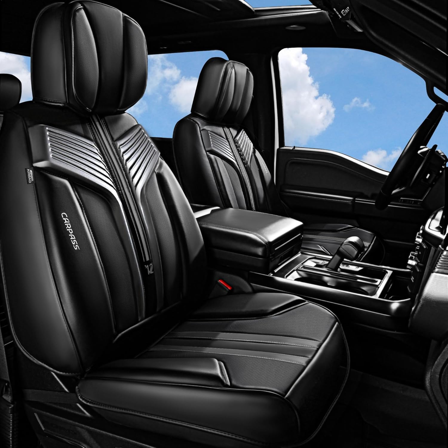 CAR PASS Nappa Leather Seat Covers 5 Cushioned 3D Sponge Support, Waterproof Luxury Car Seat Covers Full Set, XL-L-M Size Universal Fit for SUV Pick-up Trucks Full Coverage (Black and Charcoal) Full Set Full Coverage Black Charcoal