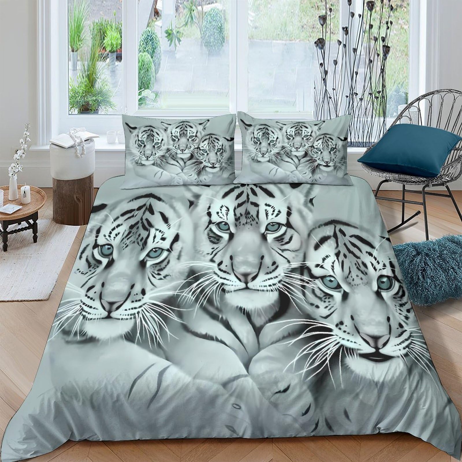 GPLZQXKJNH 3D Printed White Tiger Duvet Cover Set Microfiber Soft Breathable Animal Quilt Cover with 2 Pillowcases for Bedroom Home Single（135x200cm）