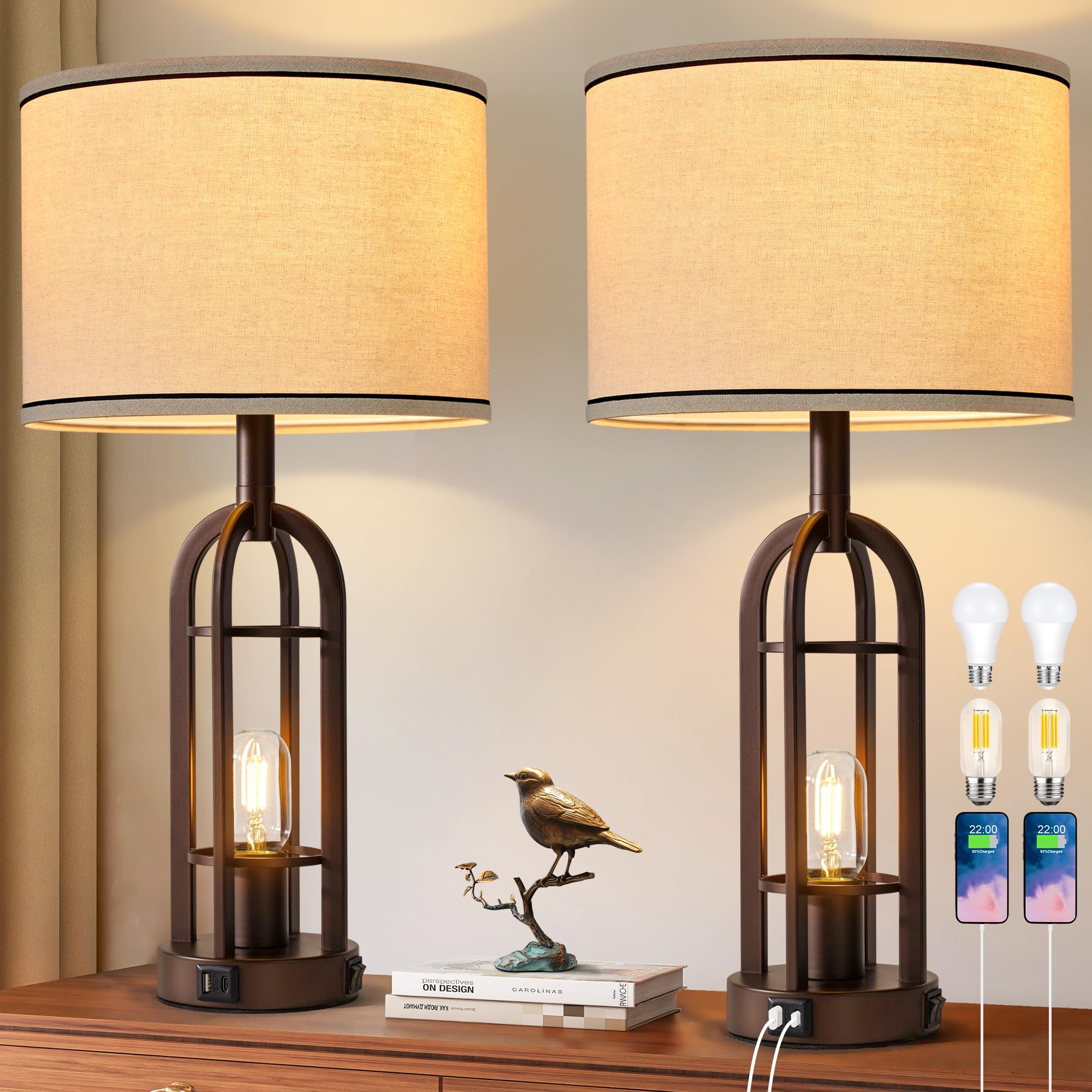 SRJJA Farmhouse Table Lamps for Living Room Bedroom Set of 2