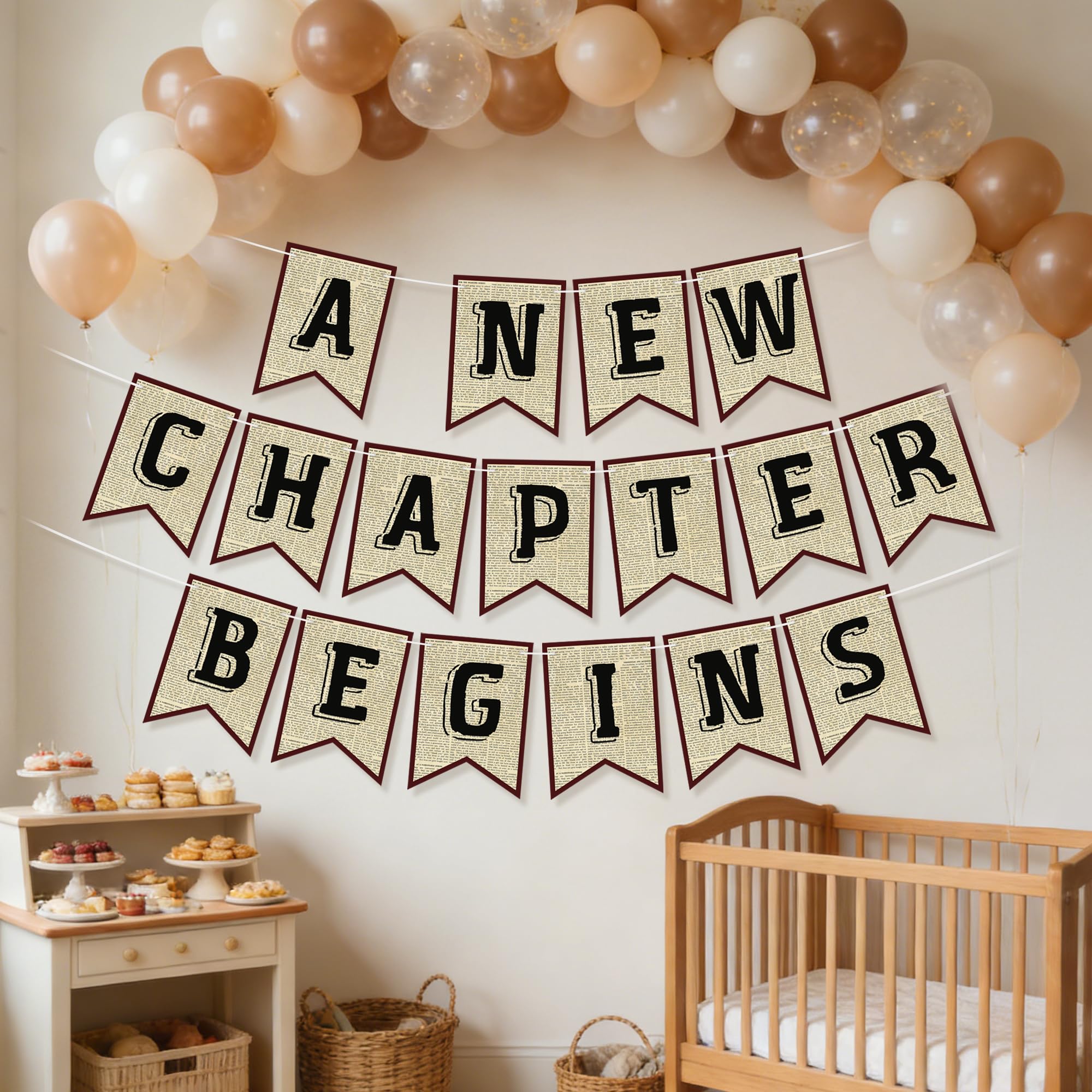 Partybanner "A New Chapter Begins", Vintage-Buch, Kapitel 1, Party-Girlanden für Geburtstag, Babyparty, Buchclub, 3 Stück