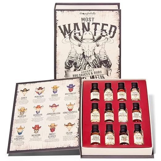 Thoughtfully Gourmet, Wild Western-Themed BBQ Sauce and Rubs Book Gift Set, Includes Honey, Montreal Rub & More, Set of 12