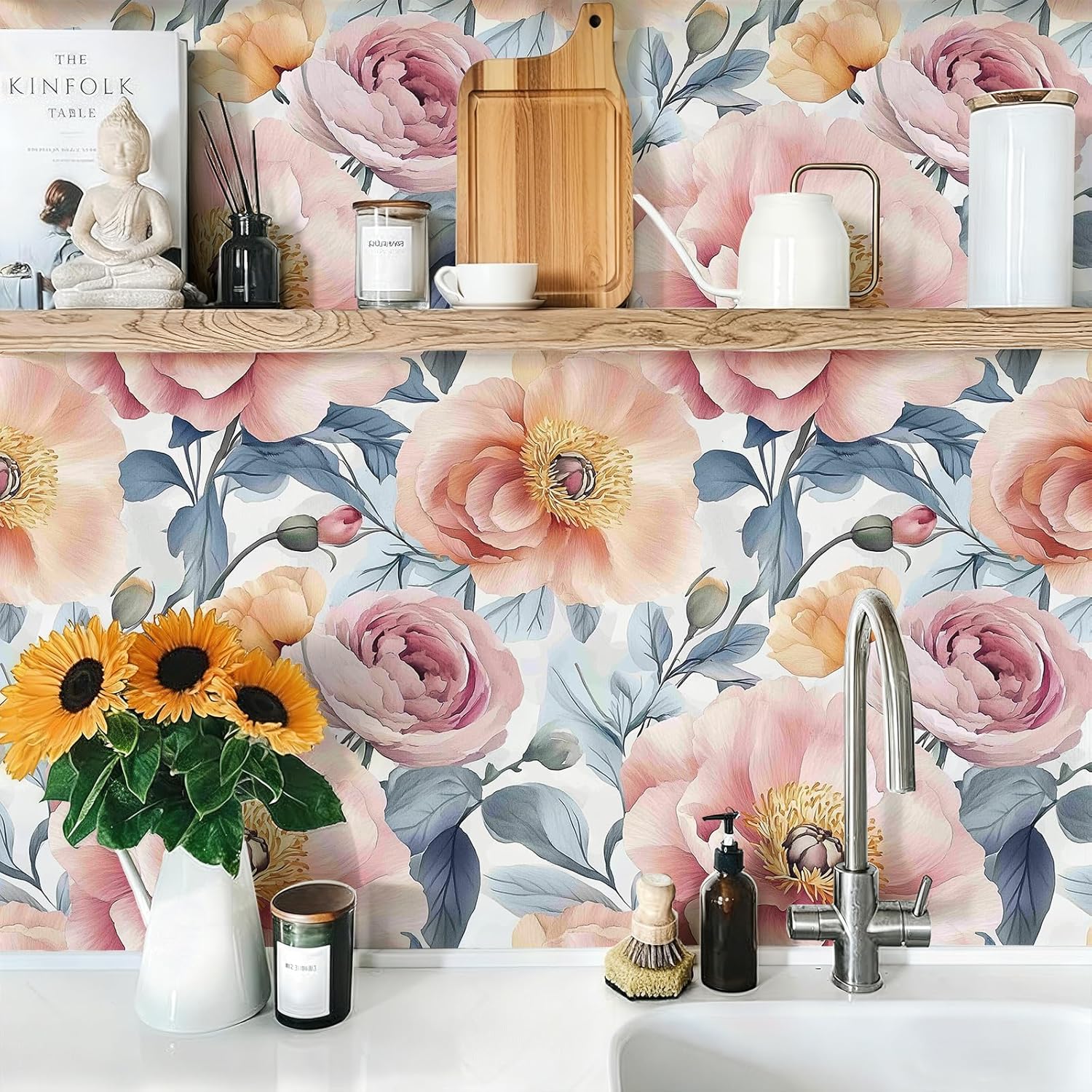 Watercolor Peony Floral Wallpaper Peel and Stick Removable 17.7" x 236.22" Delicate Pink Peach Flower Blue Leaf Wall Paper Self Adhesive for Classroom Bedroom Laundry Room Bathroom