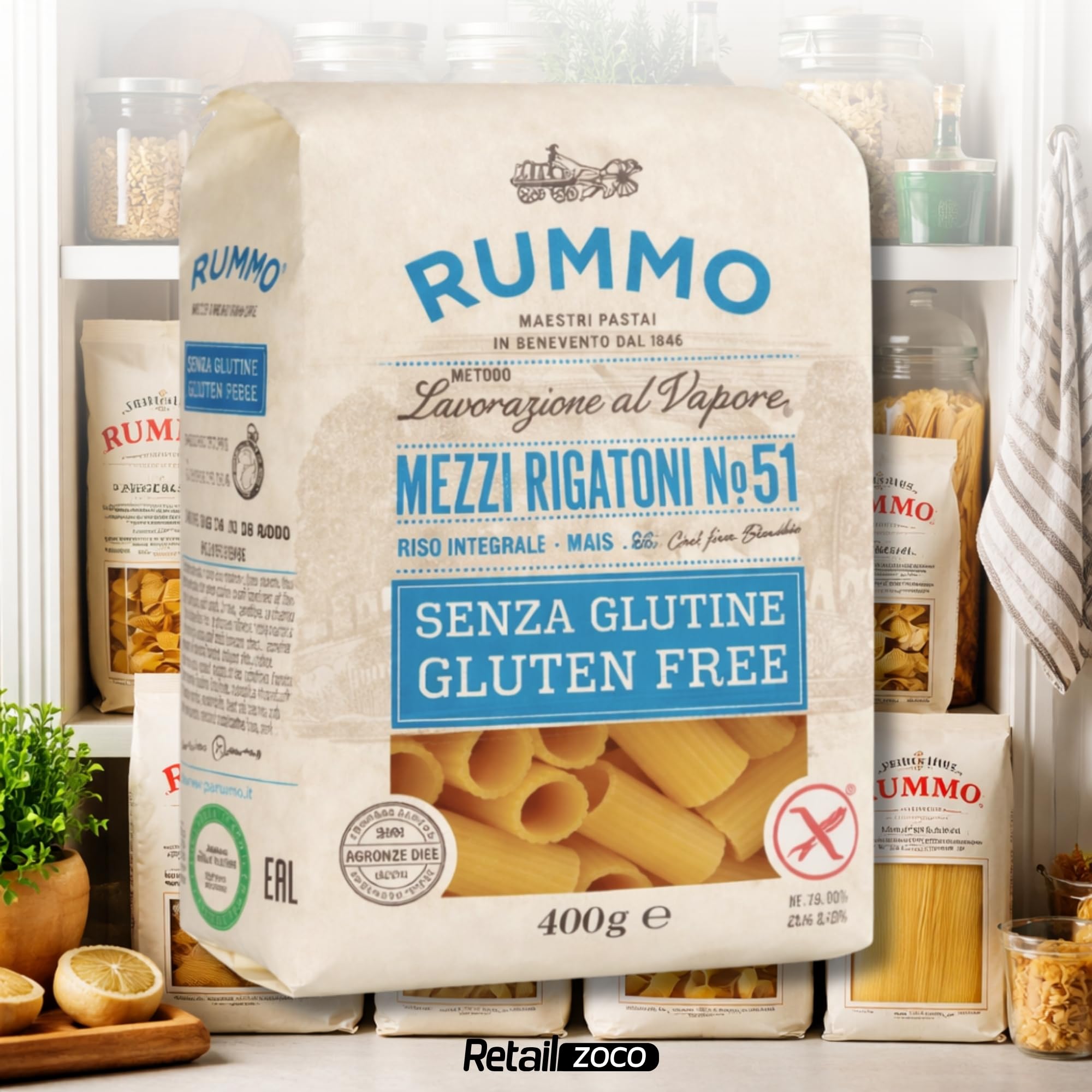 Pasta Rummo Mezzi Rigatoni SIN Gluten nº 51, Pasta Italiana, Pasta alimenticia con harina de arroz integral y maíz, Sin gluten, Elaboración lenta, 3 Paquete de 400 gr