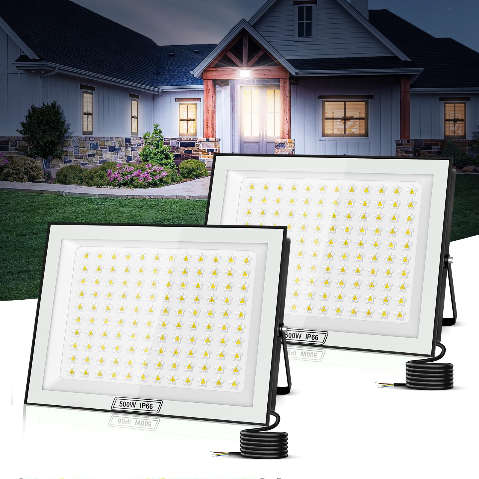 500W LED Strahler Außen, 50000LM Superhell, 6500K Kaltweiß Außenstrahler, LED Fluter Außen, IP66 Wasserfest Scheinwerfer für Hinterhof, Auffahrt, Garage, Flur, Garten - 2 Stück