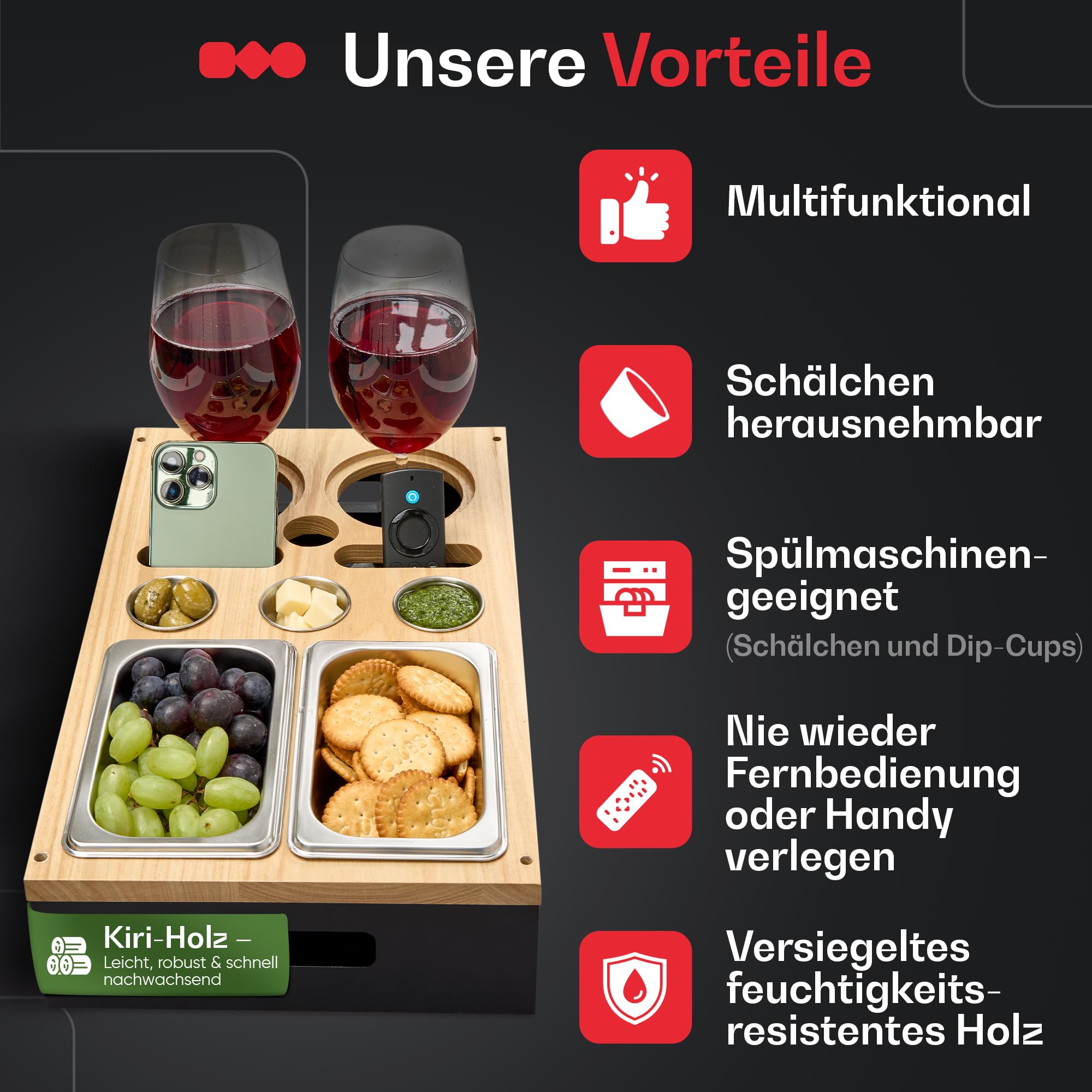 Bar à canapé de qualité supérieure - Bois de kiri - 3 couleurs - 3 bols à sauce, 2 bols à collation, 2 soucoupes, 1 décapsuleur, boîte à goûter, porte-bouteilles, plateau de service (noir)