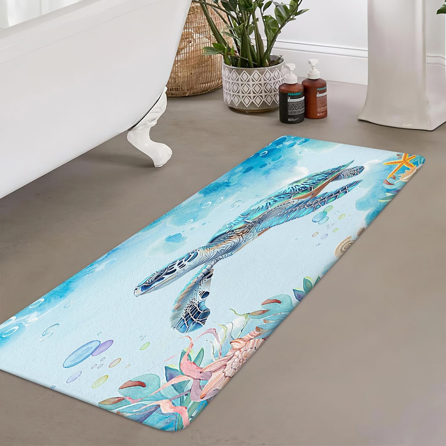 JAWO Sea Turtle Bathroom Rug, Nautical Turtle Non Slip Bath Mat with Underwater Sea Animal Turtle Bathroom Accessories Shower Mat Marine Animals Blue Ocean Kitchen Rug Non Slip Mat (17" X48'')