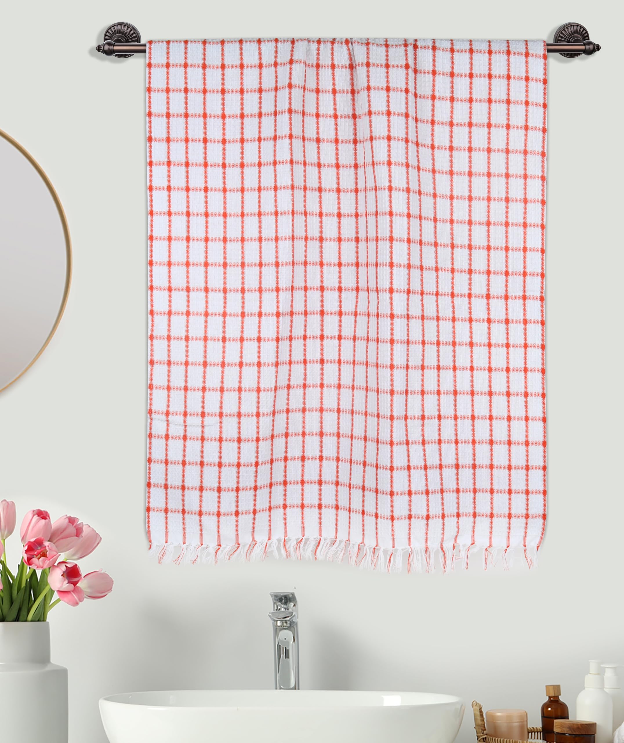 yaweh Cotton Bath Towel of Size 30 x60 inches White Color Base Fabric with Striped Pattern Pack of 1 (Orange)-image-2