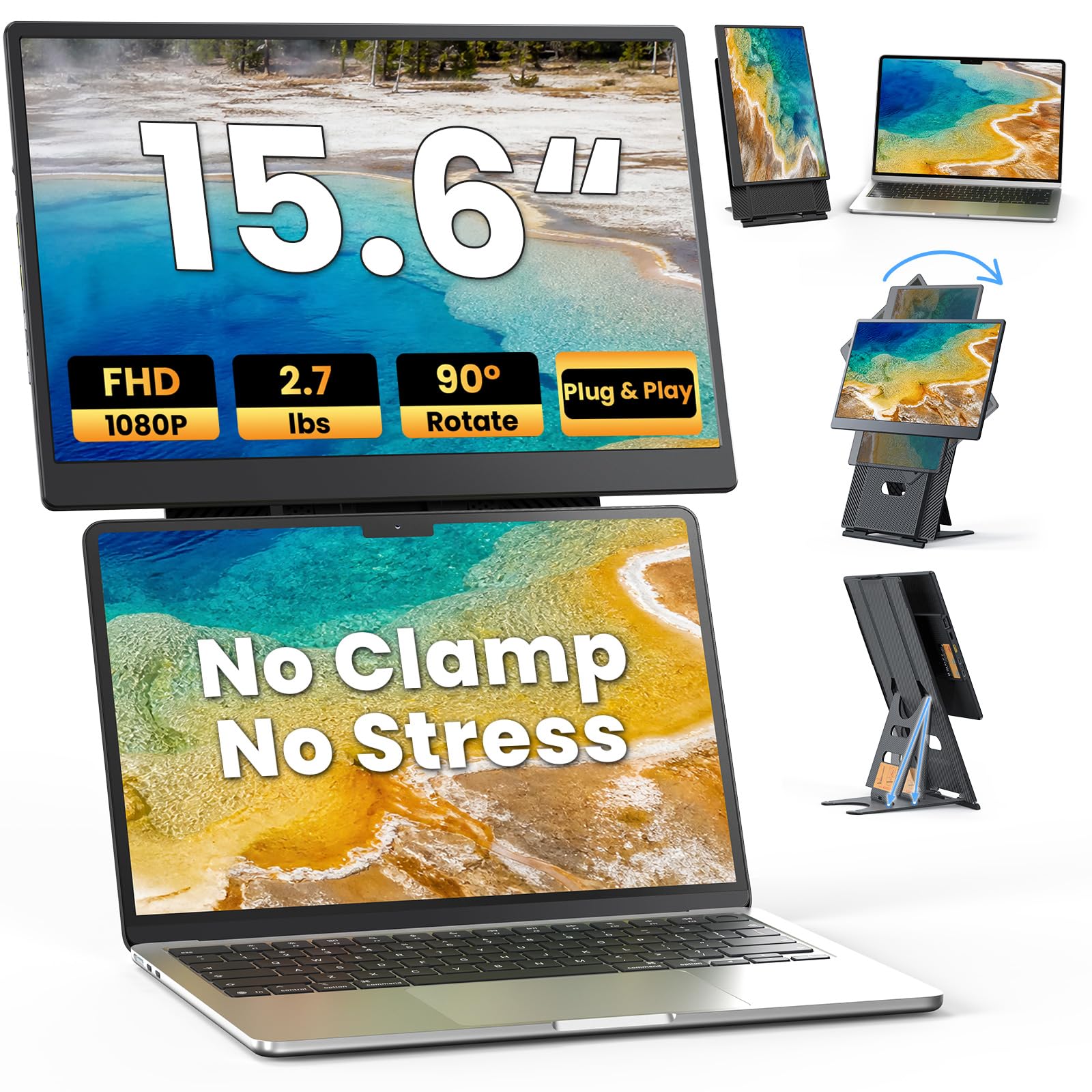 Laptop Screen Extender 15.6", 5 Modes & Detachable Slim Portable Monitor Black