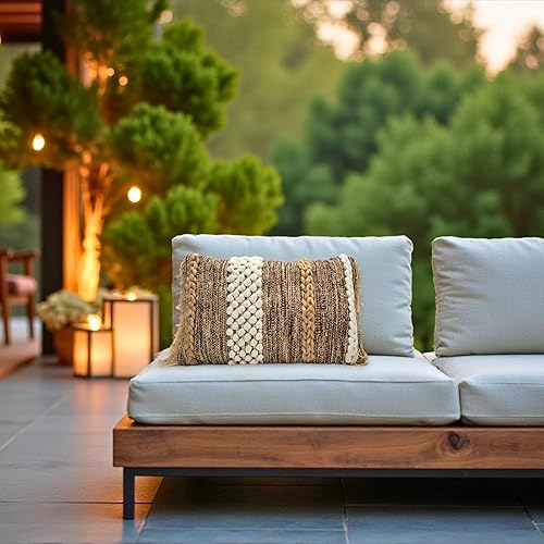 Miniatura 4 de Funda de almohada bohemia marrón de 12 x 20 pulgadas, suave manta rústica marroquí con detalles de lana copetuda, felpa de algodón tejido a mano,