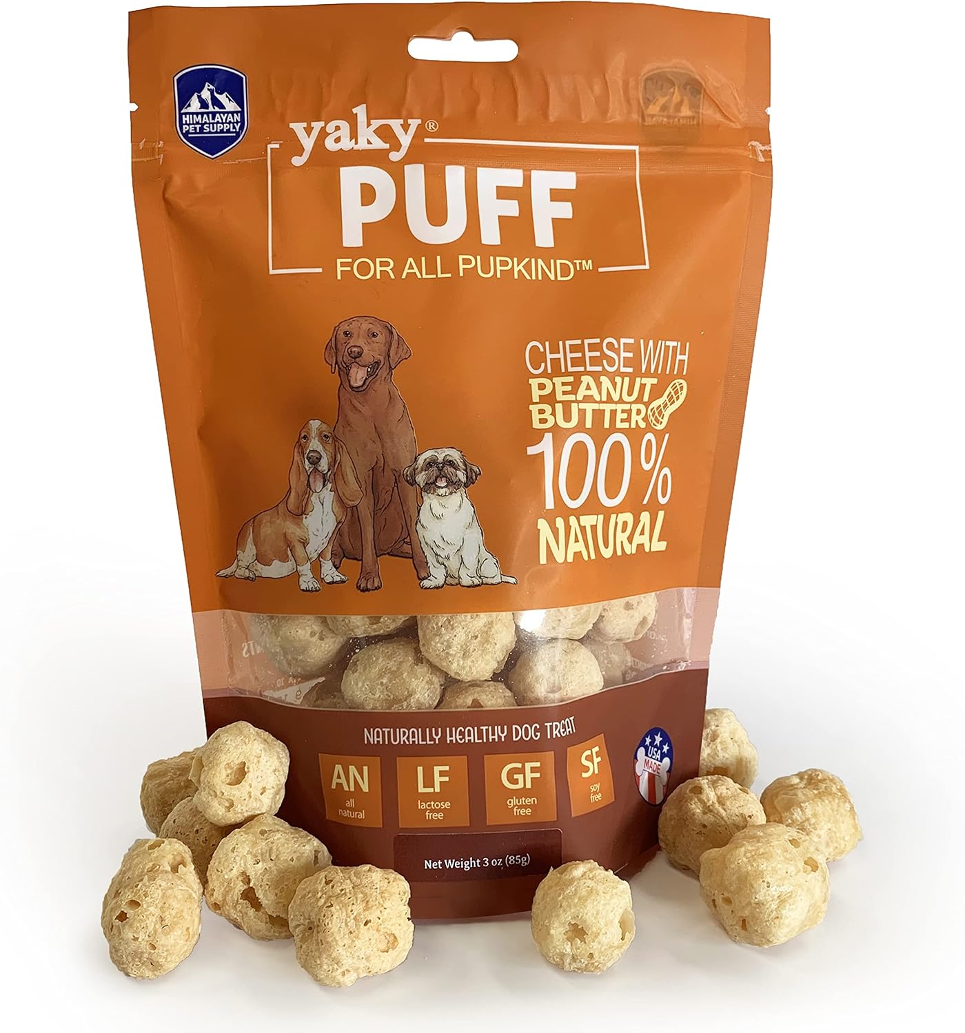 | yakyPUFF Himalayan Cheese Treats | Lactose Free | Gluten Free | Grain Free | USA MADE | For All Breeds | Peanut Butter Taste Crispy Puffed Deal with
