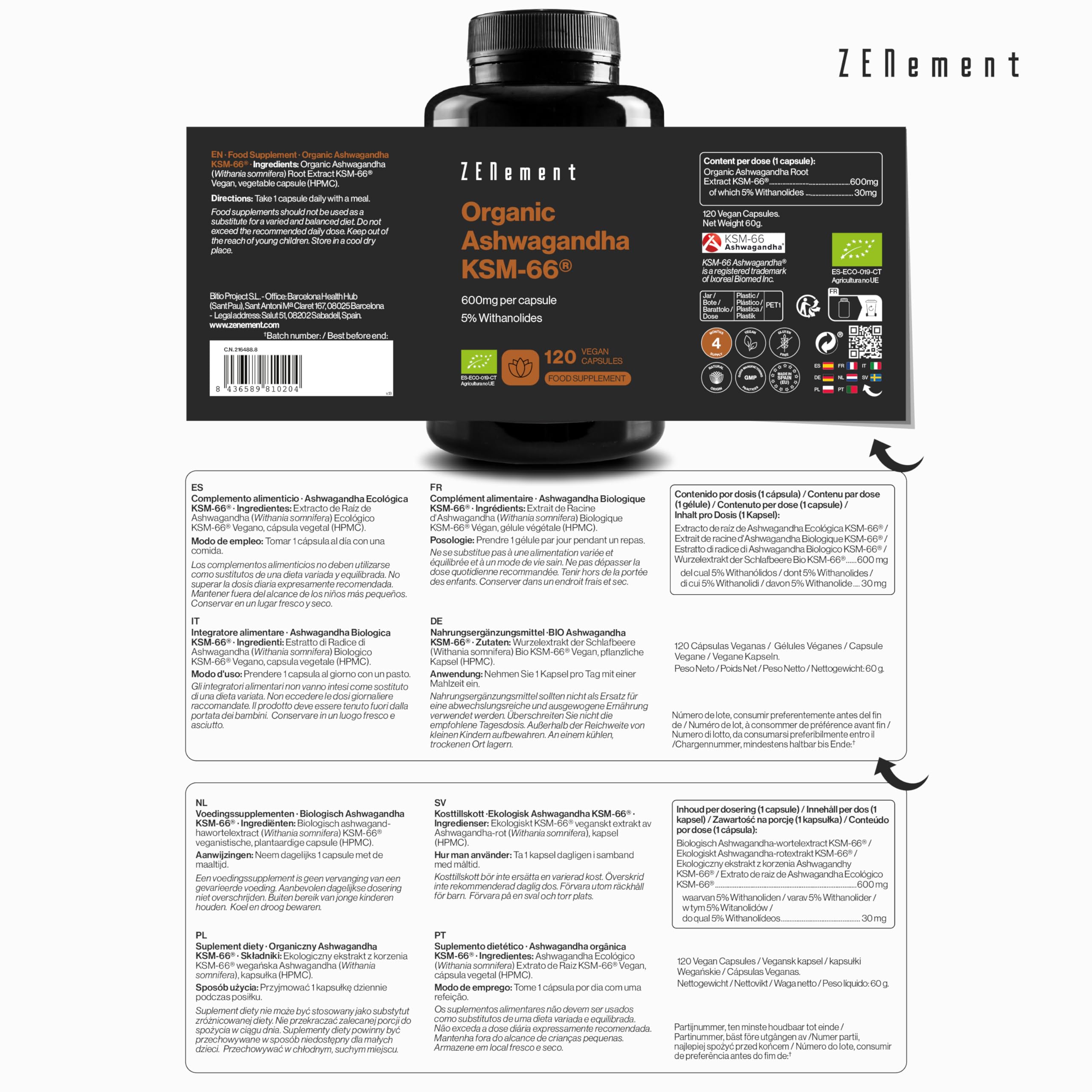 Ashwagandha KSM-66 Bio - 600mg par Gélule - Extrait de Racine avec 5% de Withanolides - Formule Végane Sans Additifs - 120 Gélules - Cure de 4 Mois - Zenement