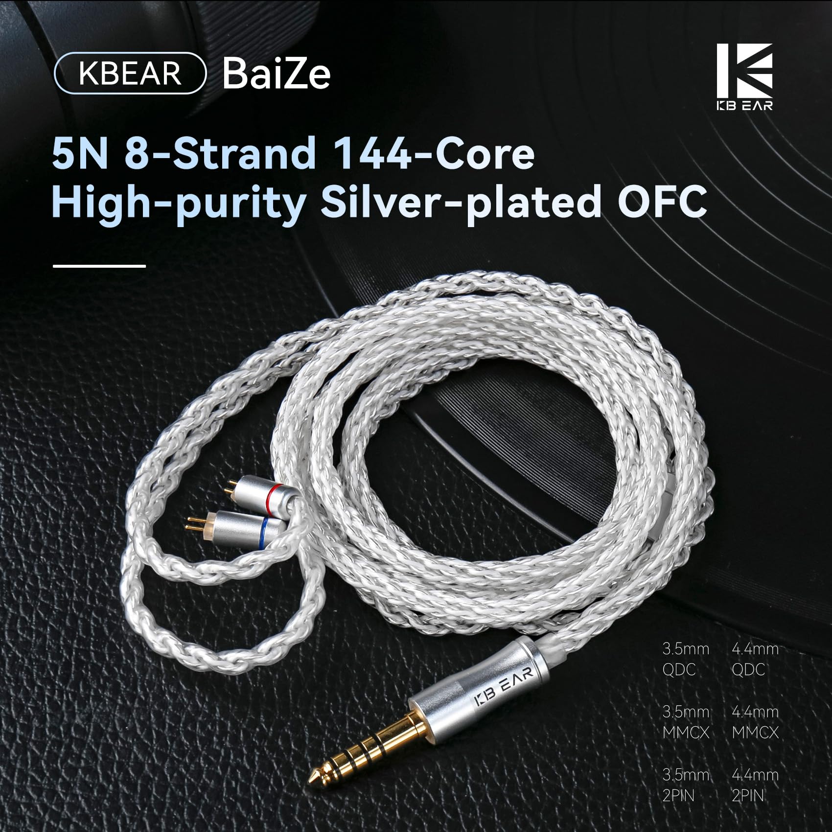 Yinyoo KBEAR IEM Câble à 2 broches, plaqué argent OFC 5N 8 conducteurs, câble 2 Pins 120 cm pour écouteurs intra-auriculaires prise jack 4,4 mm, compatible avec Ki-wi Ears pour musiciens/audiophiles