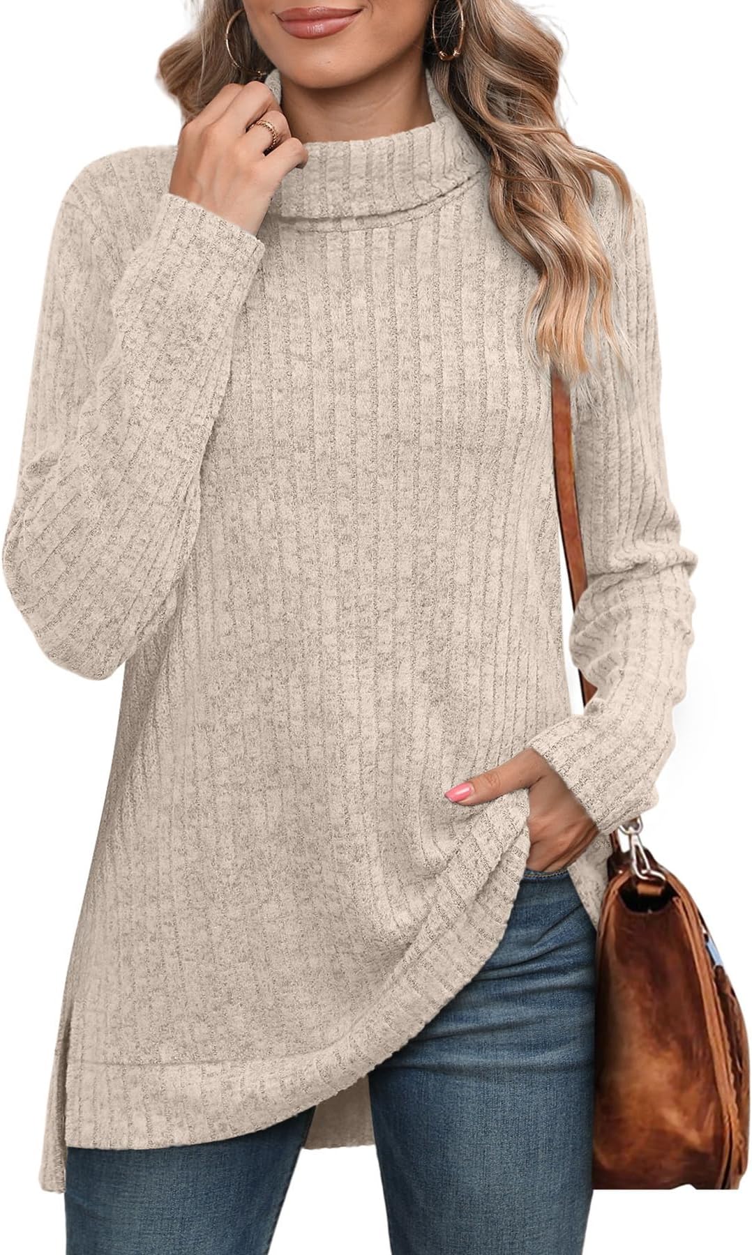 Womens Tunic Tops Turtleneck Long Sleeve Shirts Oversized Fall Sweaters Side Split High Low Hemline
