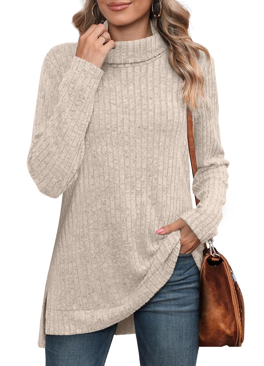 WIHOLL Womens Tunic Tops Turtleneck Long Sleeve Shirts Oversized Fall Sweaters Side Split High Low Hemline