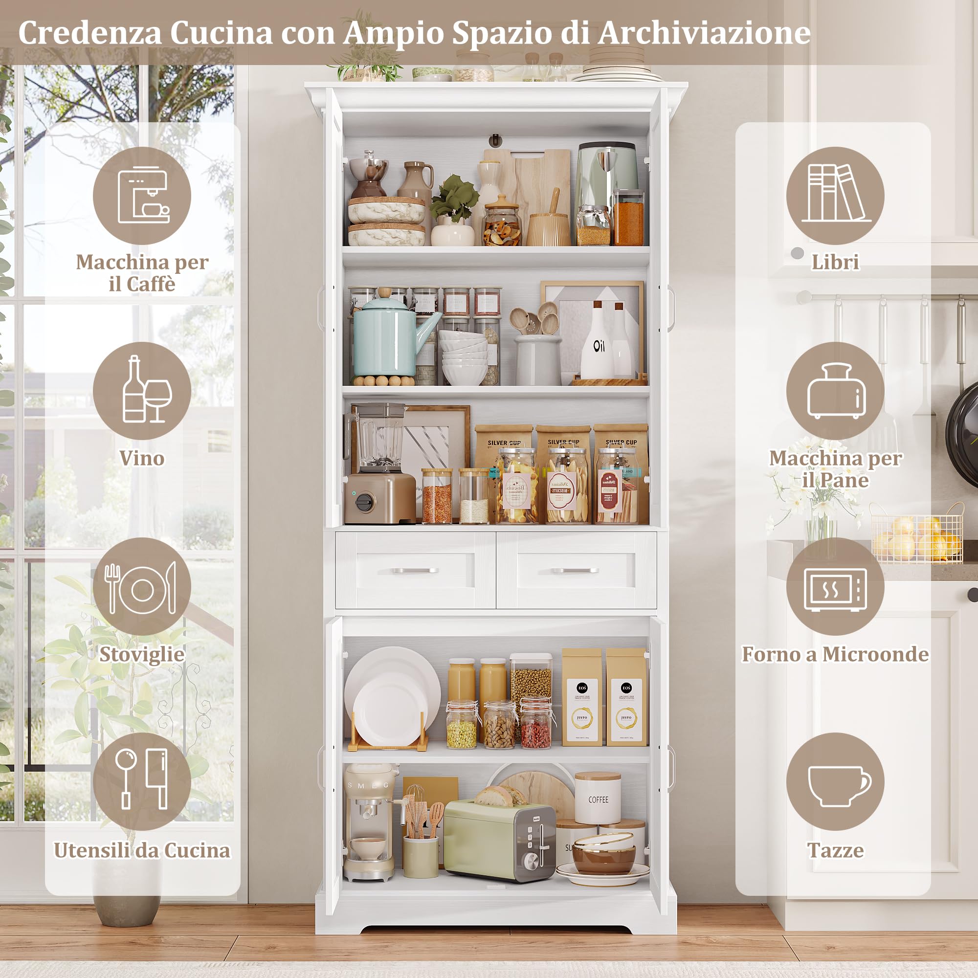FirFurd 180,5 cm Credenza Cucina, Mobile Cucina con 4 Ante, Mobile Dispensa con 2 Cassetti, Credenza Alta a Ripiani Regolabili, 80x40x180,5cm, Bianco