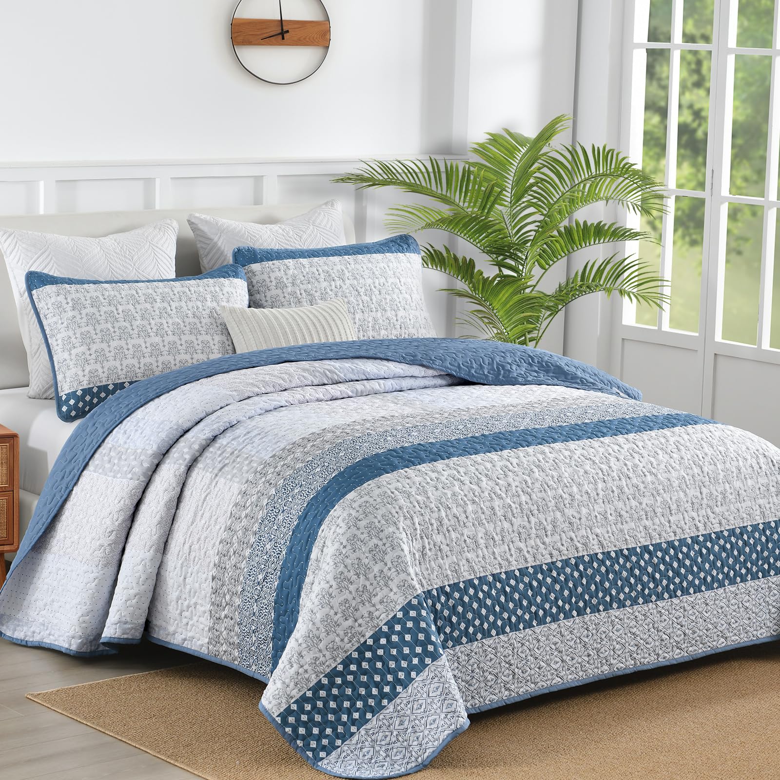 Blue Quilt Queen Size, Bohemian Stripe Quilt Sets 3 Pieces Boho Quilted