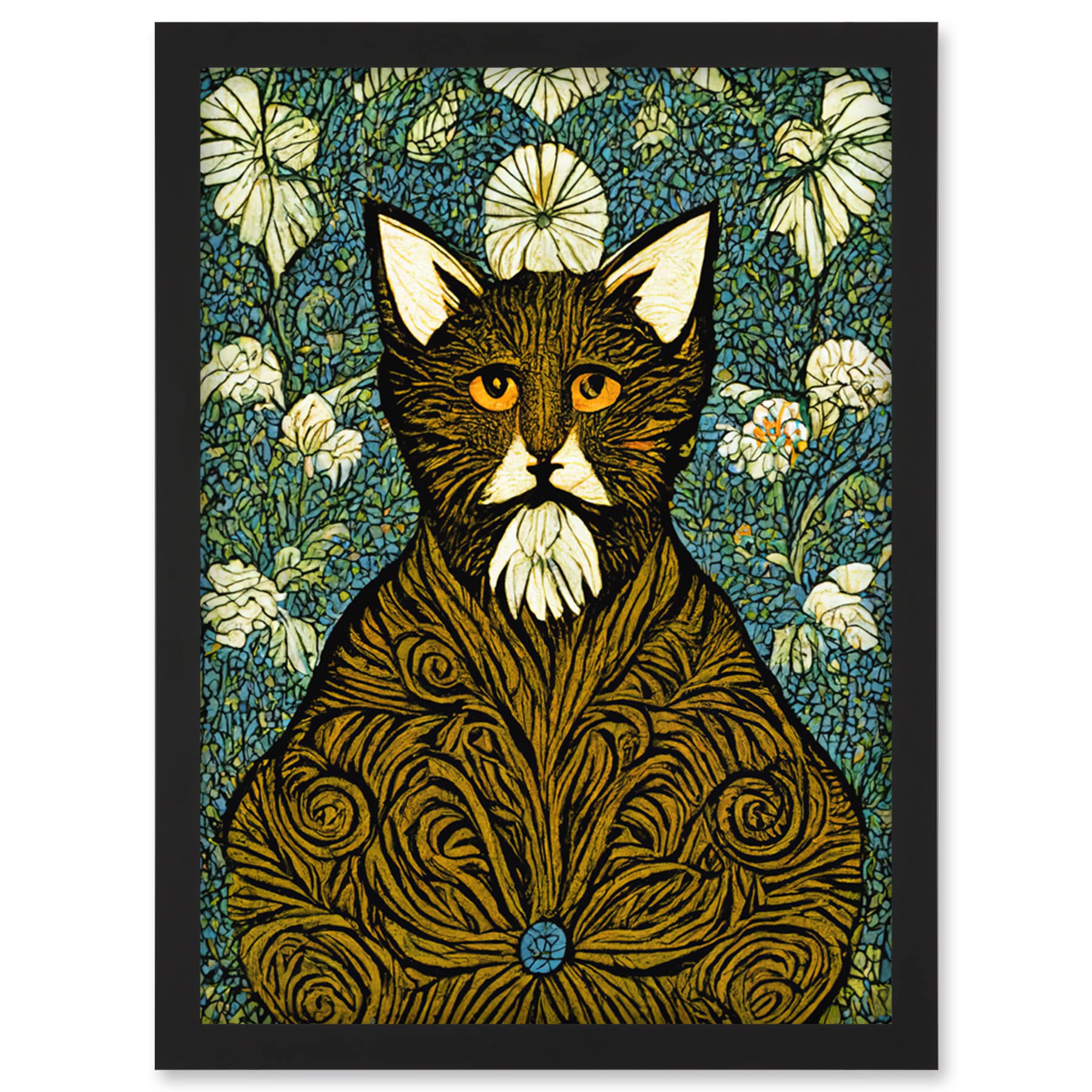 Artery8 Floral Paisley Illustrated Golden Cat William Morris Wall Art PrintA4 Size from B&Q