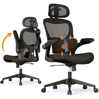 SUNNOW Office Chair, Ergonomic Computer Desk Chair, Sturdy Executive Task Chair - Adjustable Lumbar Support, Flip-up Arms, Tilt Function, Comfy Wide Seat, Swivel Mesh Home Office Desk Chairs (Black)