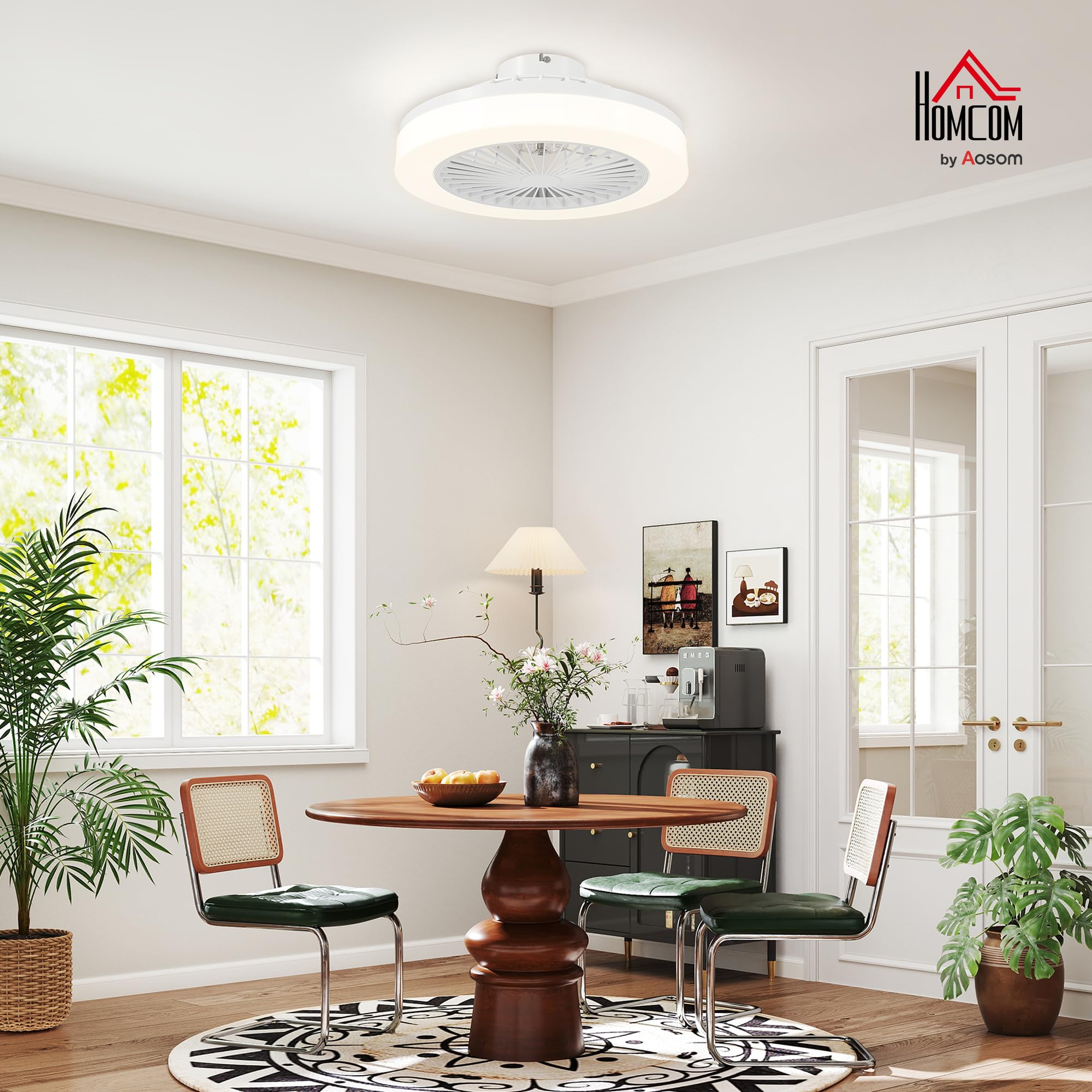 HOMCOM Ventilatore a Soffitto con Luce LED Regolabile Ø46x16 cm Bianco | Telecomando, Timer, 6 Velocità, Flusso d'Aria Reversibile, Ventilatore da Soffitto in Acrilico e Plastica