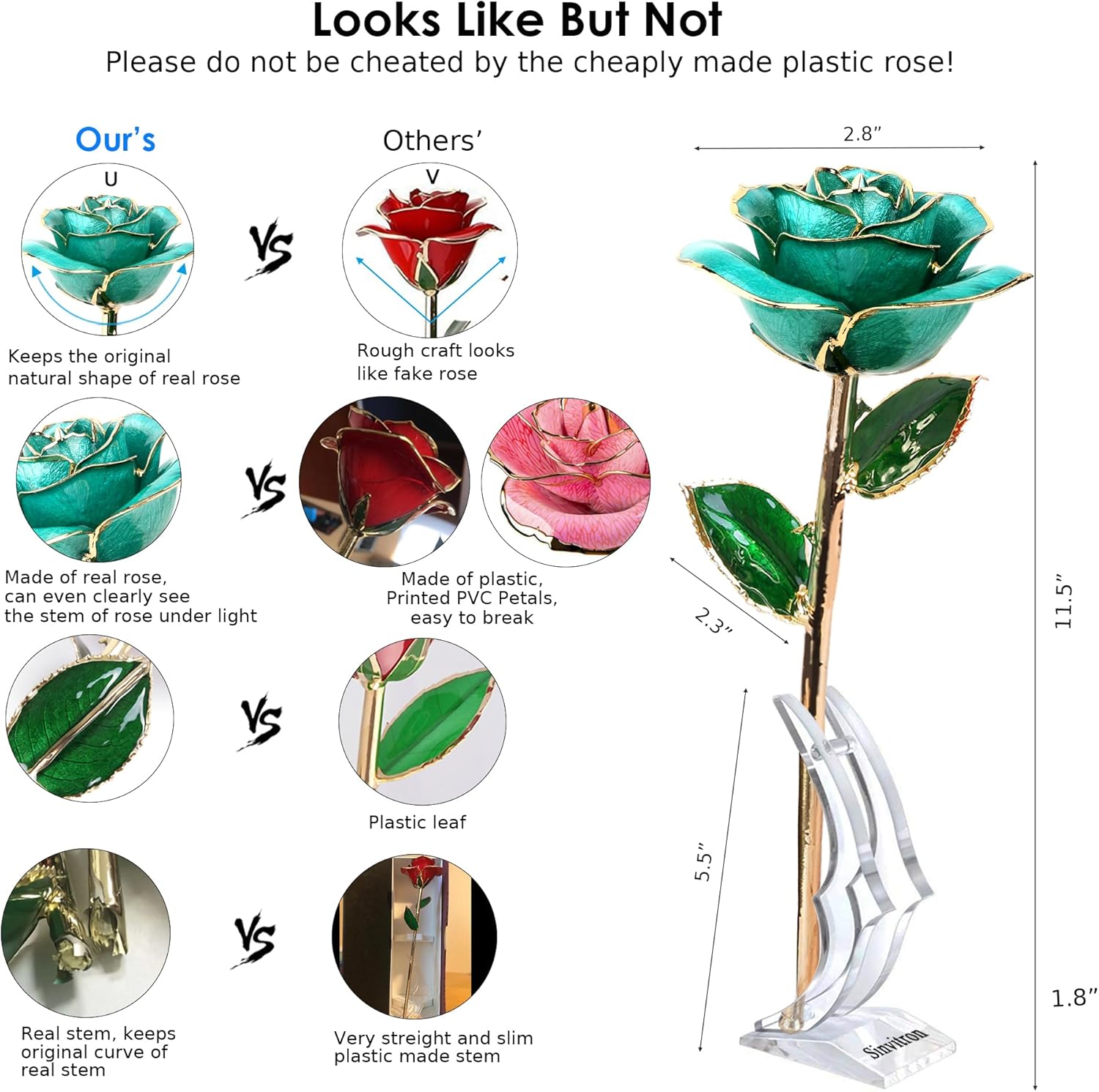 Sinvitron Gold Dipped Rose 24K Real Rose, Long Stem 24k Gold Plated Rose with Stand, Birthday Gift for Women,Gifts for Mom, Dipped Gold Rose for Anniversary, Mothers and Valentines Day (Light Blue) - Image 3